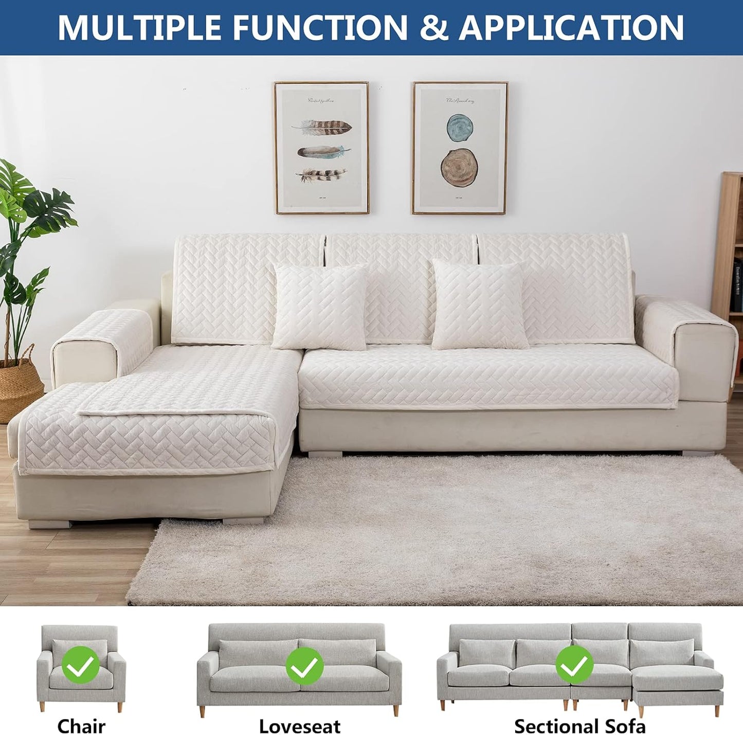 Eismodra Couch Cover,Sectional Couch Covers,Sofa Covers for 3 Cushion Couch,Anti-Slip Sofa Slipcovers for Dogs Cats Kids Loveseat Recliner L Shaped Armrest Backrest,White 36''x94''(Only 1 Piece)