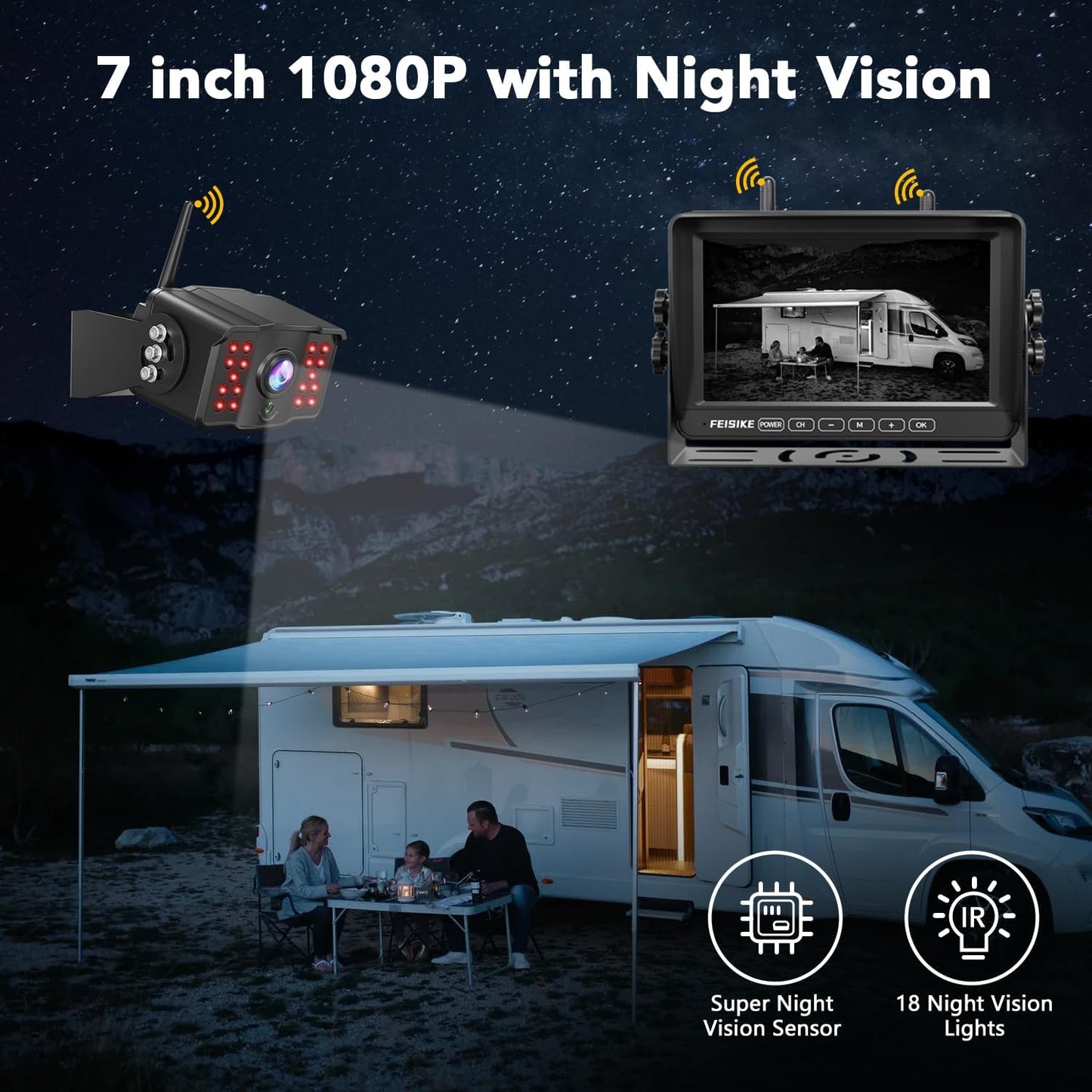 RV Backup Camera Wireless with 7" 1080P Monitor, for Furrion Pre-Wired RV, 4-Channel Split Screen System, Loop Recording, IR Night Vision, Wide Rear View Camera for Truck, Trailer, Camper