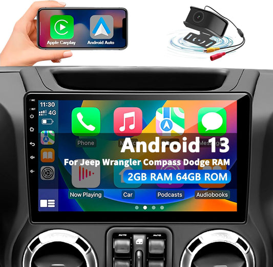 Car Radio Stereo for Jeep Wrangler JK 2007-2018 Dodge Ram 1500 2500 3500 Grand Cherokee, Android 13 2G+64G with CarPlay Android Auto 10 inch Touchscreen Head Unit, GPS BT WiFi AM/FM, Rear View Camera