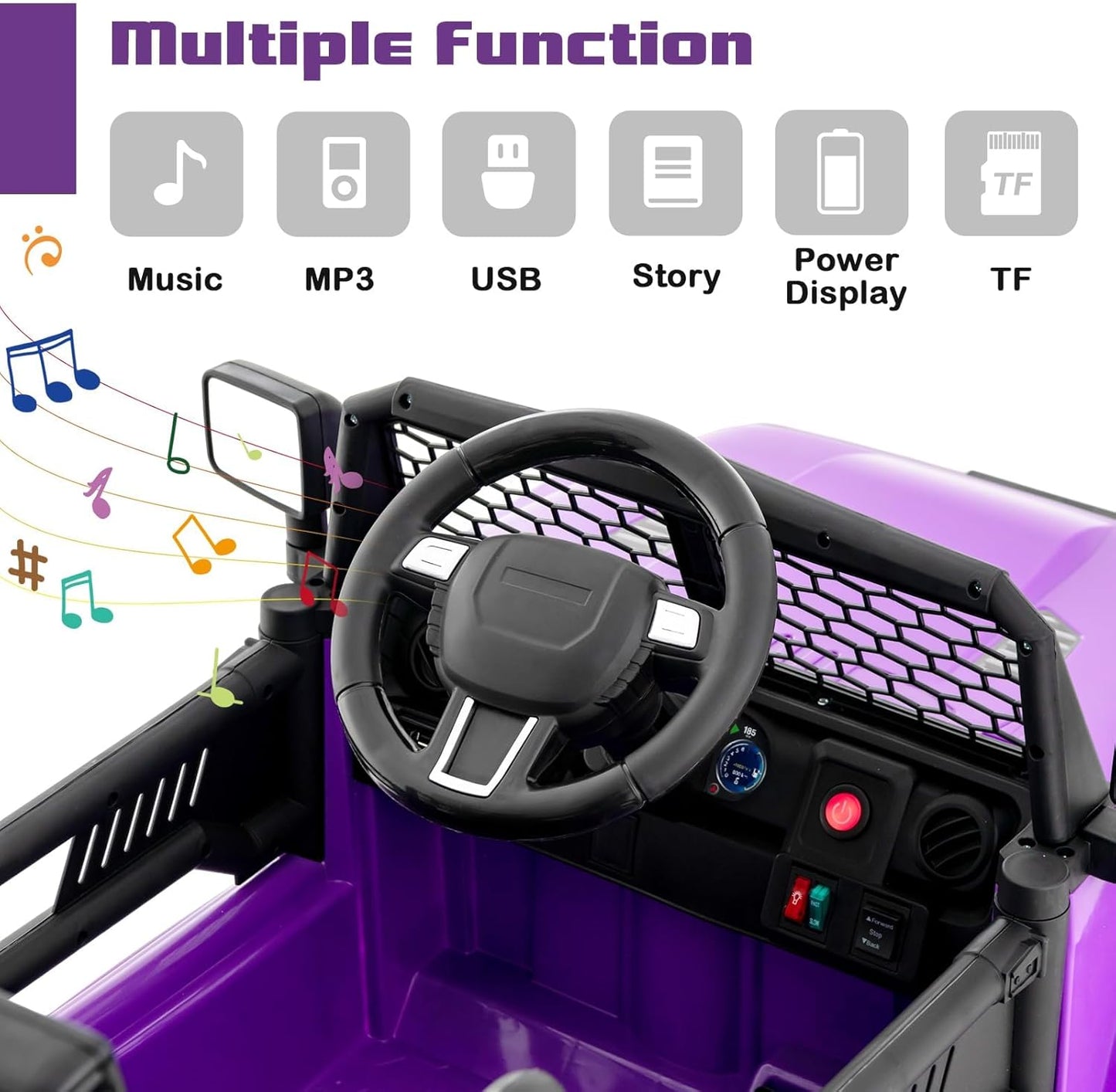 OLAKIDS Kids Ride On Truck, 12V Electric Vehicle Jeep Car with Remote Control, Toddlers Battery Powered Toy with 2 Speeds, Spring Suspension, Double Open Doors, LED Light, Music, TF, USB, Mp3 (Purple)