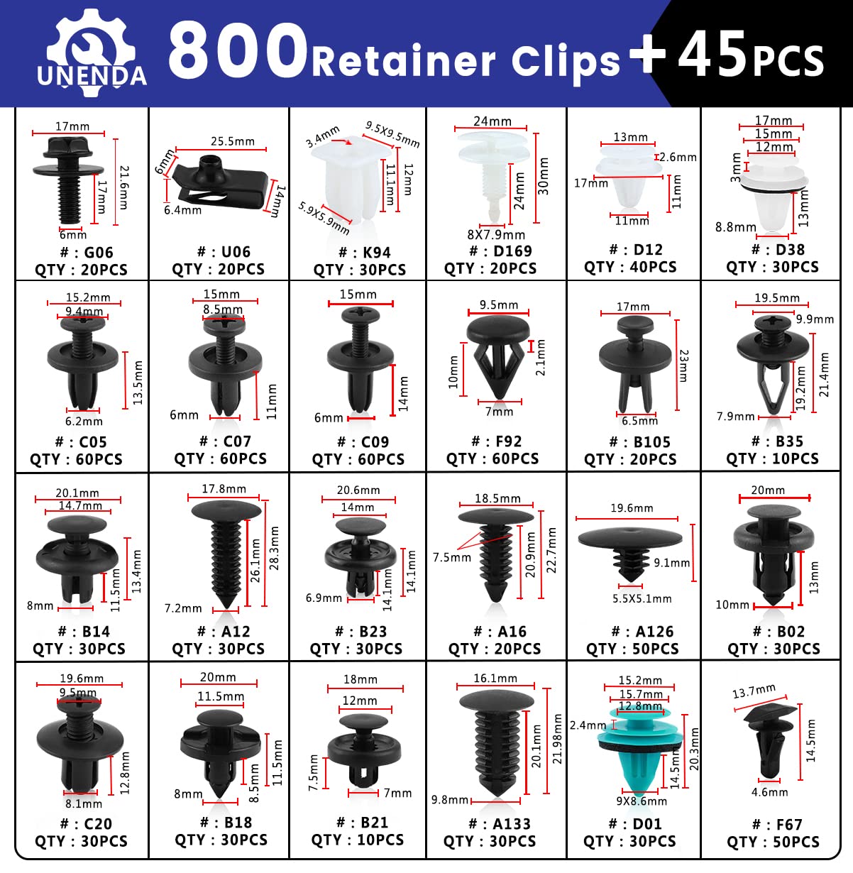 Car Push Retainer Clips 845pcs with 24Most Popular Push Pins for Automotive Parts Sizes Auto Push Pin Screw Clips with 10 Cable Ties and Blue Fastener Remover for Ford GM Toyota Honda Chrysler Nissan