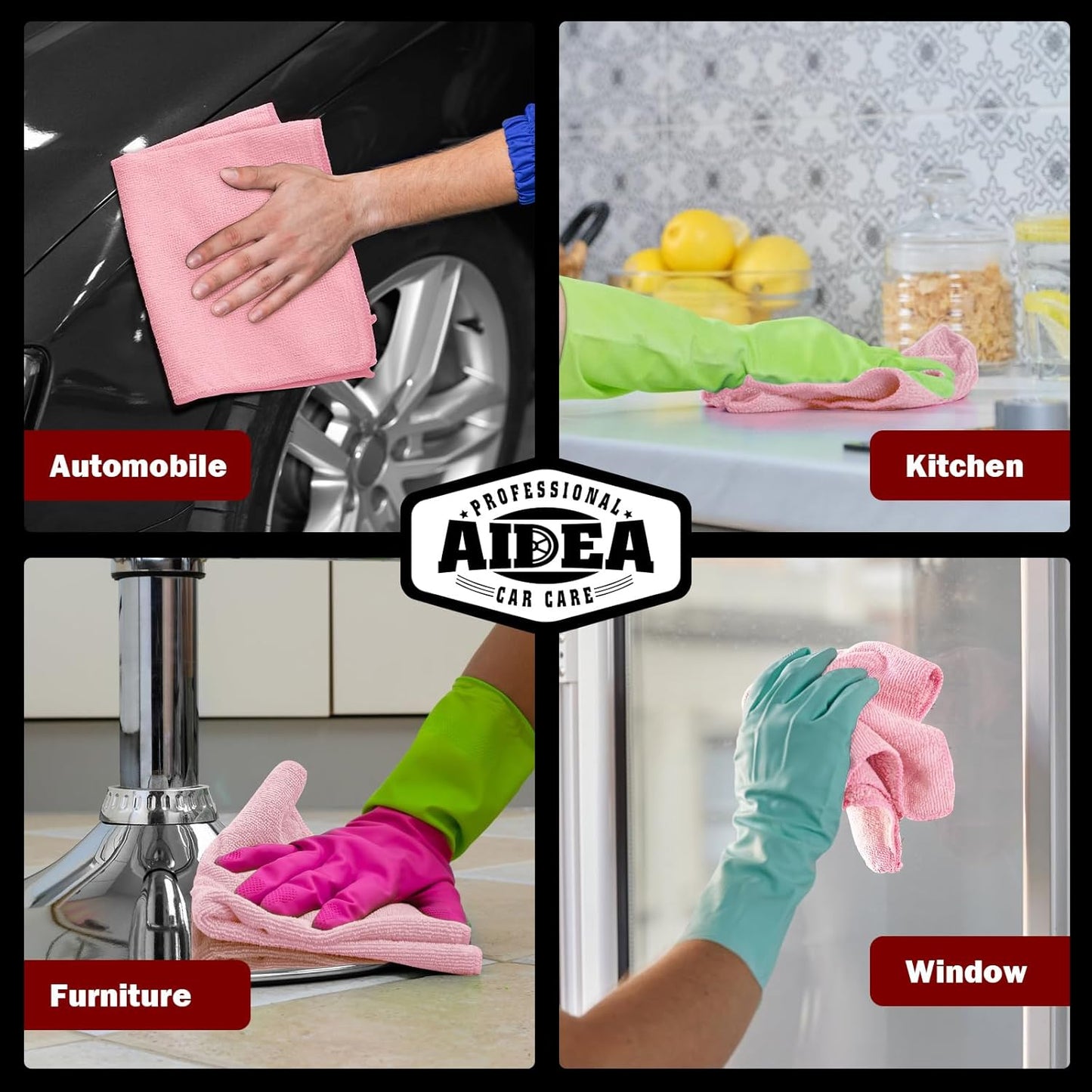 AIDEA Microfiber Cleaning Cloth Pink 10PK, Microfiber Towels for Cars, Premium Car Cloths, Dusting Cloth Lint Free Cleaning Rags for SUVs, House, Kitchen, Window, Workshops,12×12"