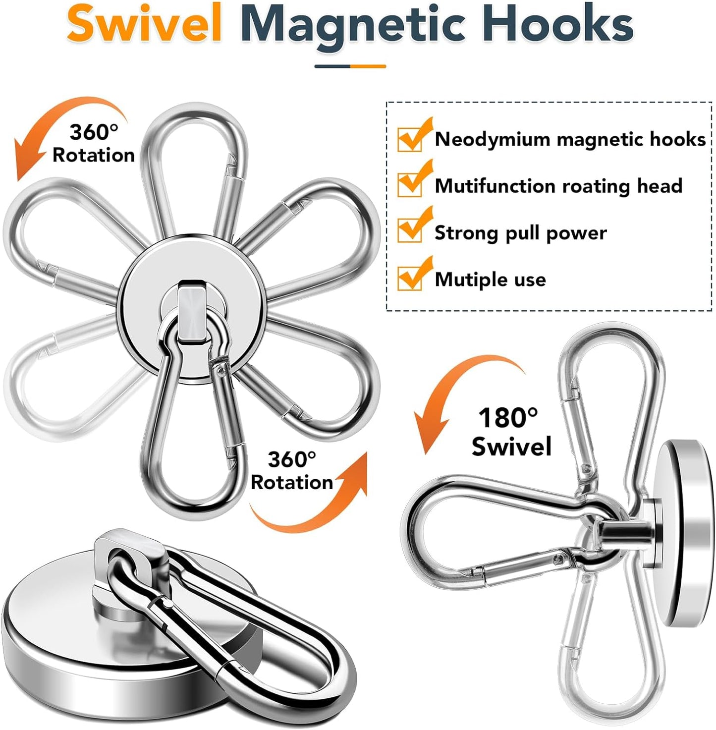 MIKEDE Strong Magnetic Hooks, 150LB Neodymium Heavy Duty Magnets with Swivel Carabiner Hook, Magnetic Hangers for Locker, Kitchen, Cruise Cabin, Office - 10 Pack