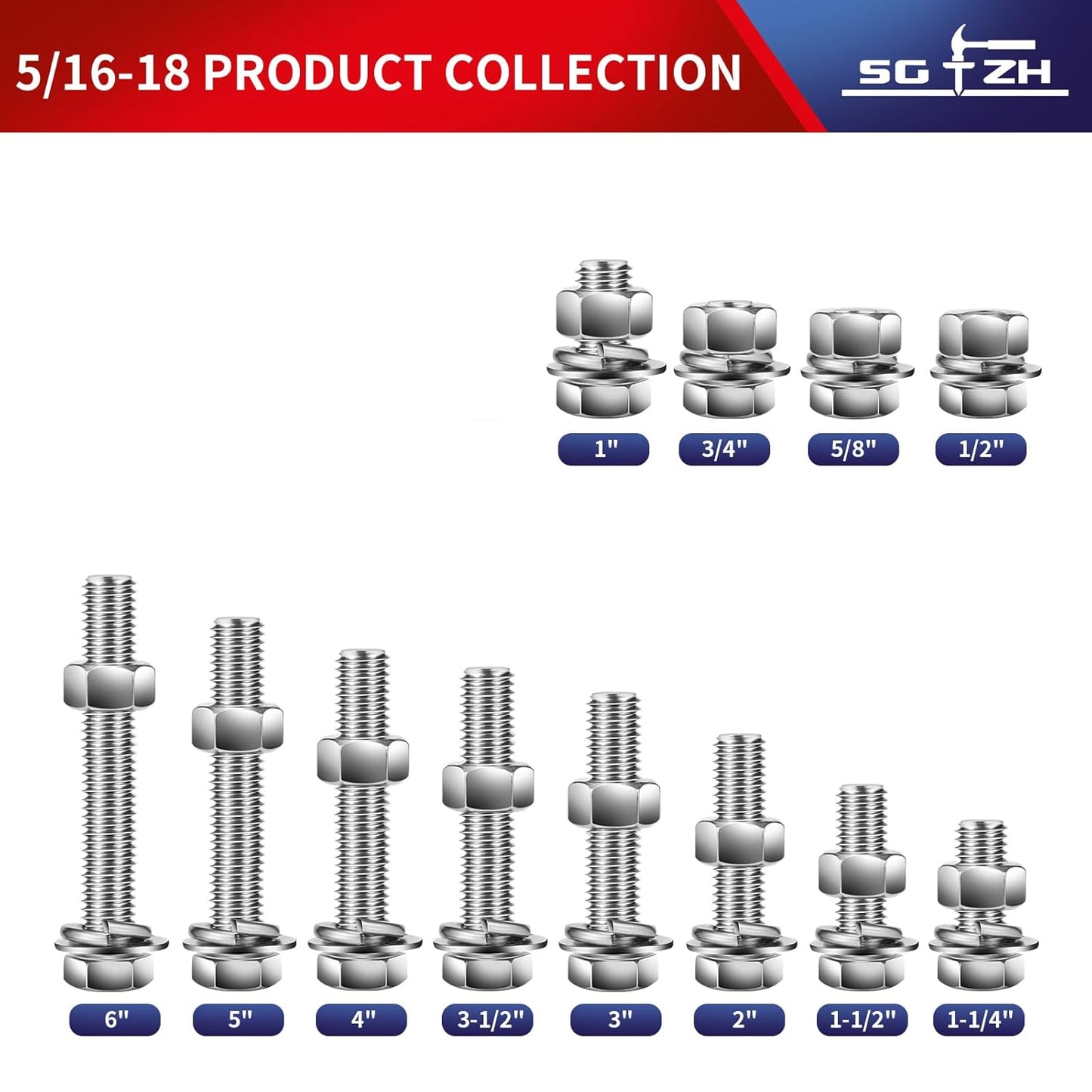 5/16-18 x 1/2" Hex Head Screw Bolt, Nuts, Flat & Lock Washers, 10Pcs 18-8 (304) Stainless Steel, Fully Threaded, by SG TZH