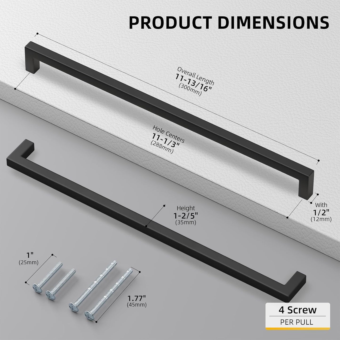 goldenwarm 50 Pack Black Square Bar Cabinet Pull Drawer Handle Stainless Steel Modern Hardware for Kitchen and Bathroom Cabinets Cupboard,Center to Center 11-1/3in(288mm)