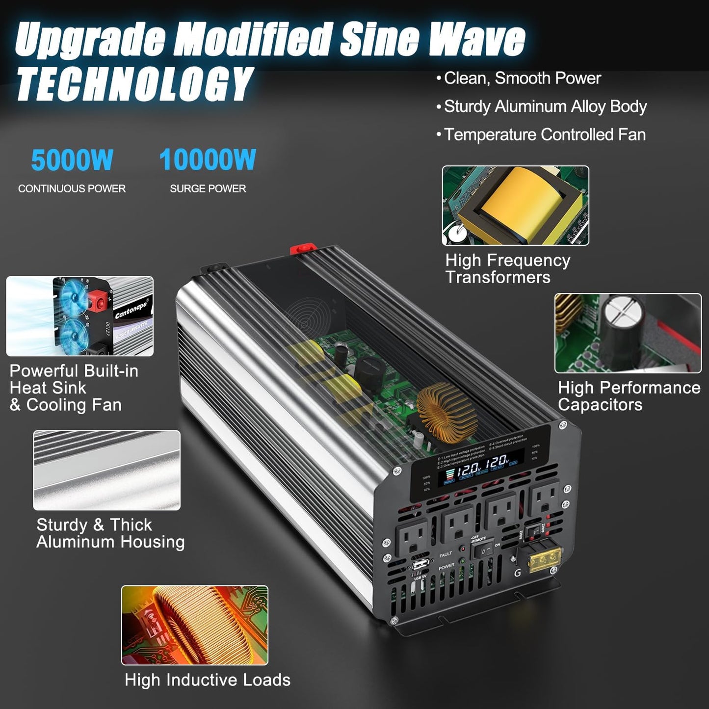 5000W Power Inverter 12V to 110V/120V DC to AC with LCD Display, Remote Controller and 4 x AC Outlets Car Adapter for Car Truck Boat RV Off Grid Solar System