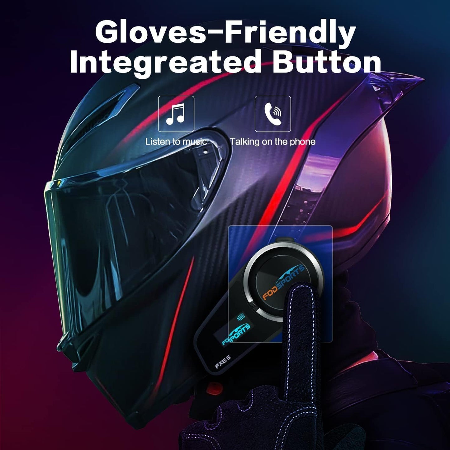 Fodsports FX6S Motorcycle Helmet Bluetooth, 1000m Motorbike Intercom Bluetooth, 6-Way Motorcycle Helmet Communication System/Voice Dial/Universal Pairing/FM Radio (1 Pack FX6S with LED)