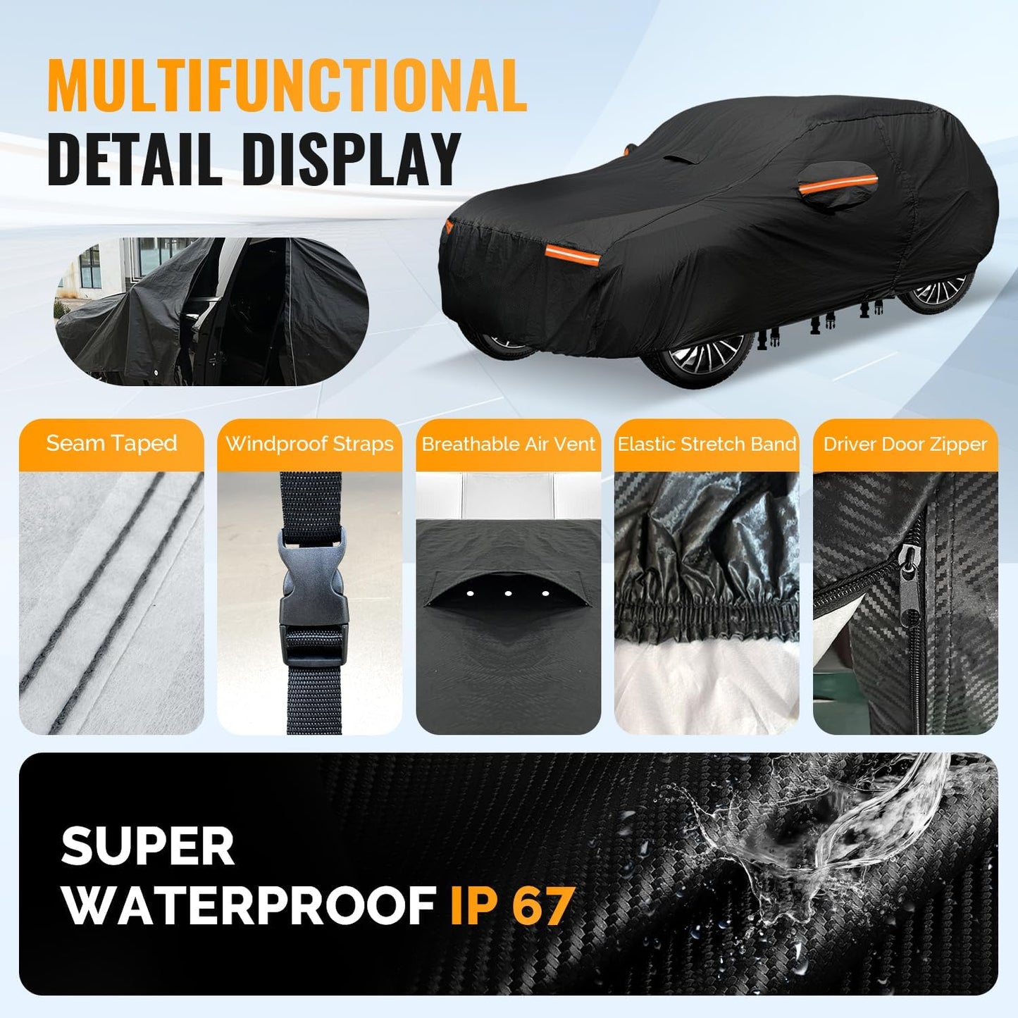 30 Layers SUV Car Cover for Automobiles All Weather Waterproof, Outdoor Snowproof UV Protection Windproof, Door Zipper, Soft Cotton, Heavy Duty Universal Car Covers, (Black, Fit SUV 181"-190")