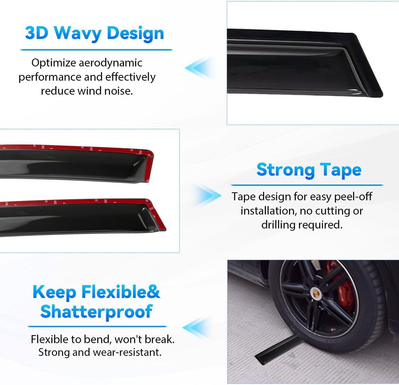 4pcs Front+Rear Smoke Tint Sun/Rain Guard Outside Mount Tape-On Vent Window Visors Compatible with 2016-2024 Chevy Malibu