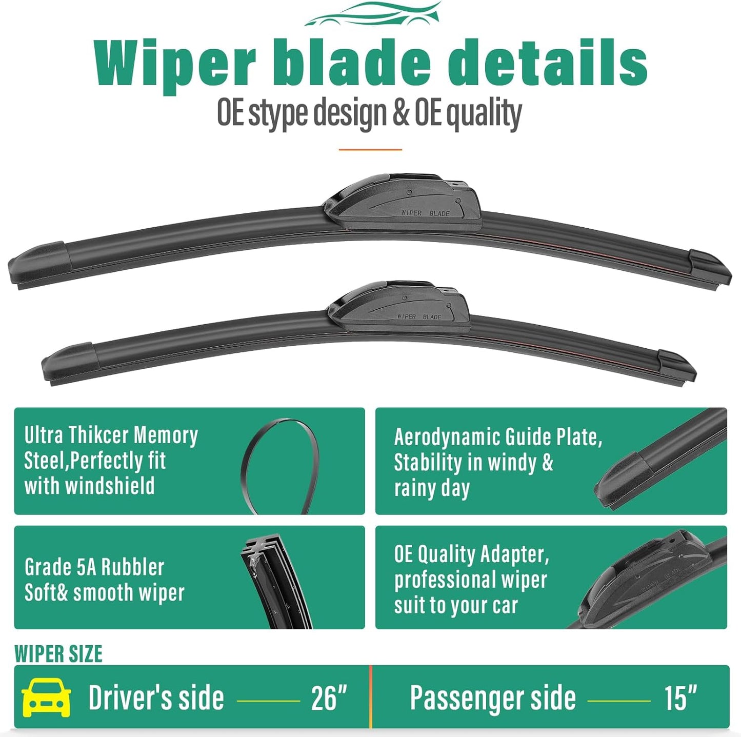 26" 15" 10" Windshield Wiper Blades Replacement for Mazda CX50 CX-50 2023 2024 2025 Premium All Weather Front Rear Wipers Set - OEM Quality (Pack of 3)