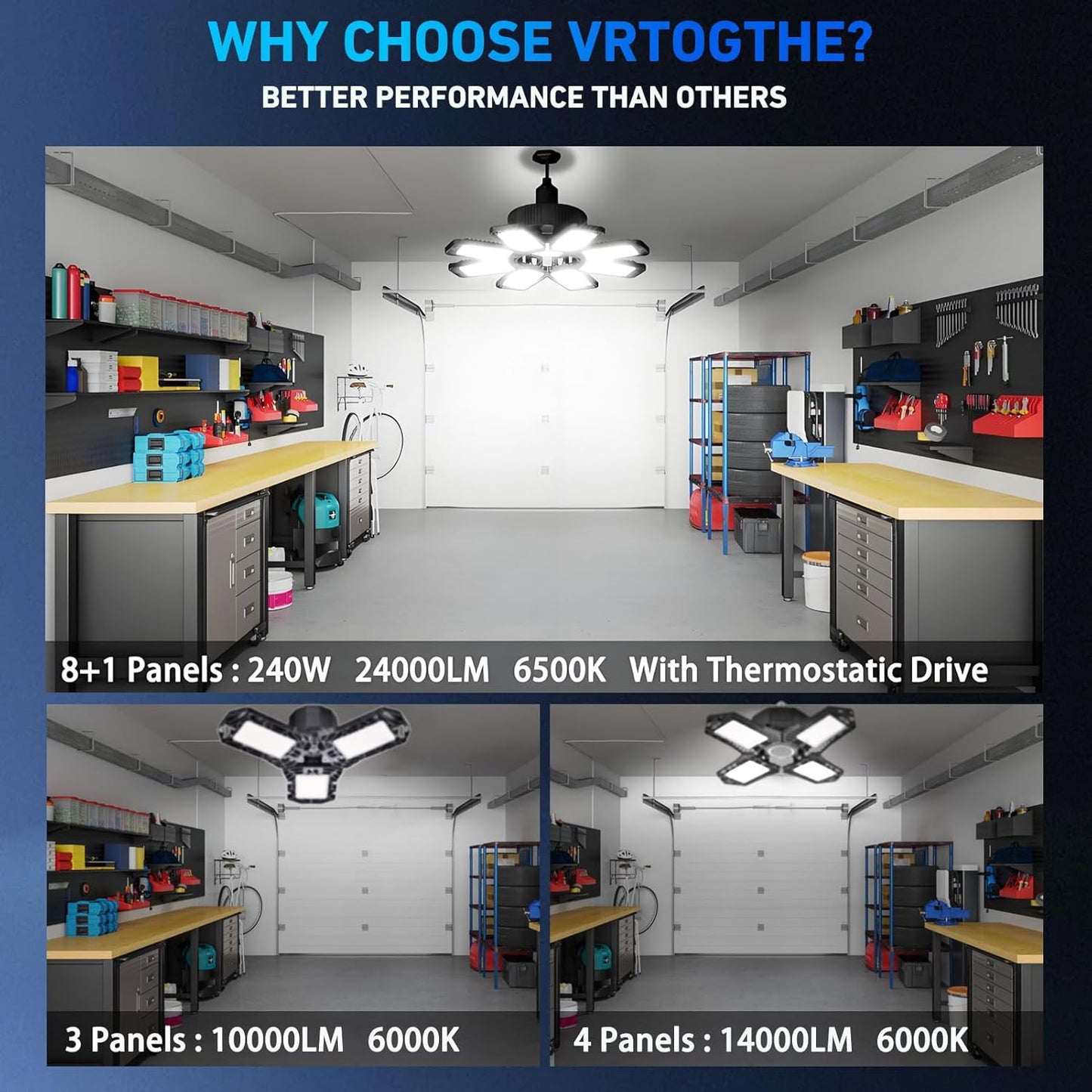 Garage Light 4 Pack - 240W 24000LM 6500K Garage Lights Ceiling LED with 8+1 Deformable Panels, E26/E27 Screw Socket in LED Shop Light for Workshop, Basement, Gym, Barn, Warehouse etc Bay Lighting