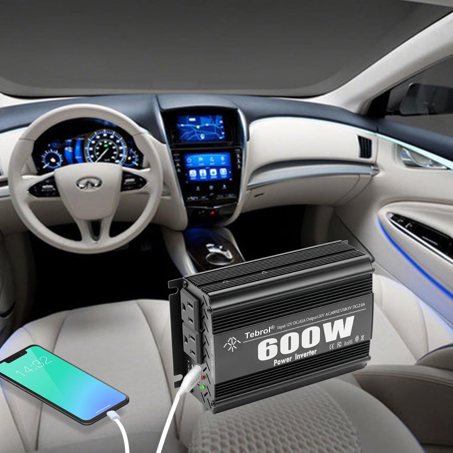 600W Power Inverter DC 12V to AC(2 Outlets) 110V Car Charger Plug Inverter Adapter Converter with 4.2A Dual USB Charging Ports for RV Camping Travel