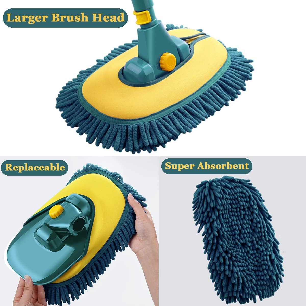 Car Wash Brush with Long Handle,Car Wash Mop Mitt with 1 Replacement Head , Extension Pole Car Brush Cleaning Kit for Cars Trucks