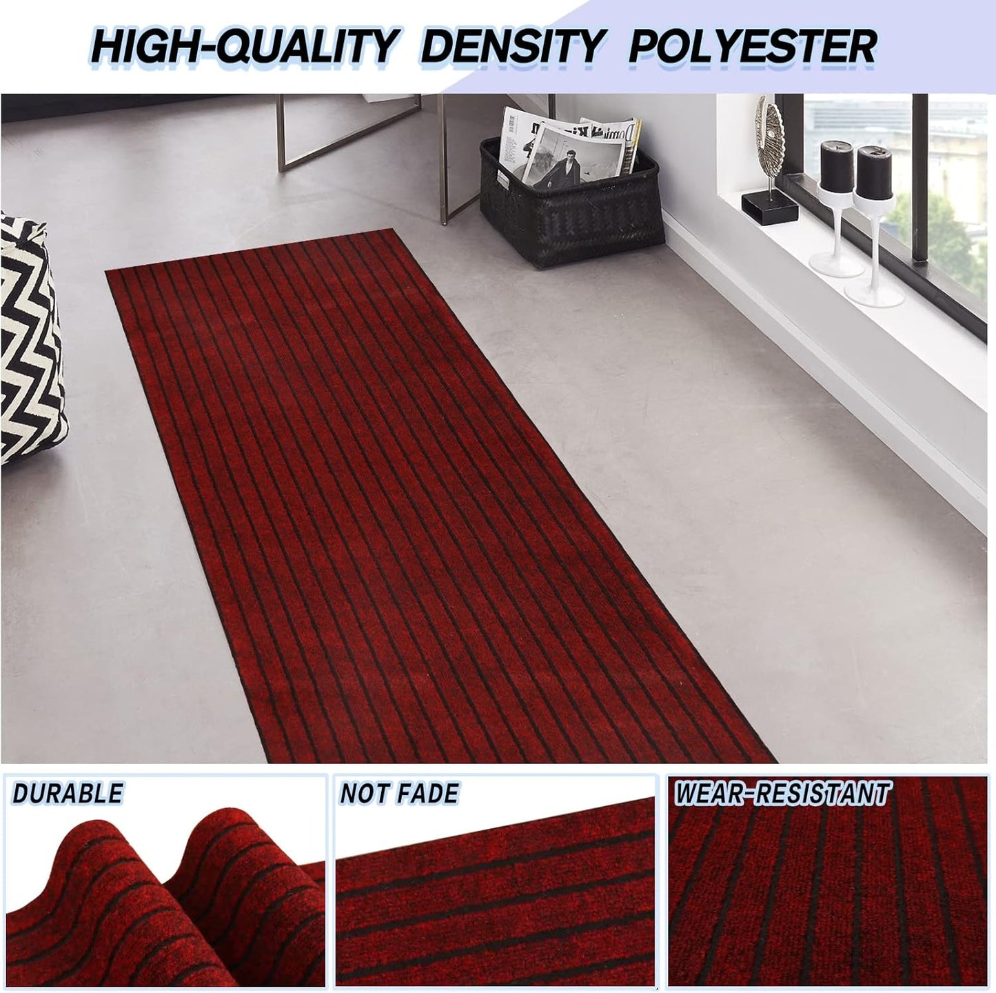 Custom Size Backed Non-Slip Area Rugs Runner, Easy Clean, Waterproof Runner Rugs for Hallway Entryway, Kitchen, Laundry, 4FT x 61FT, Red Stripe