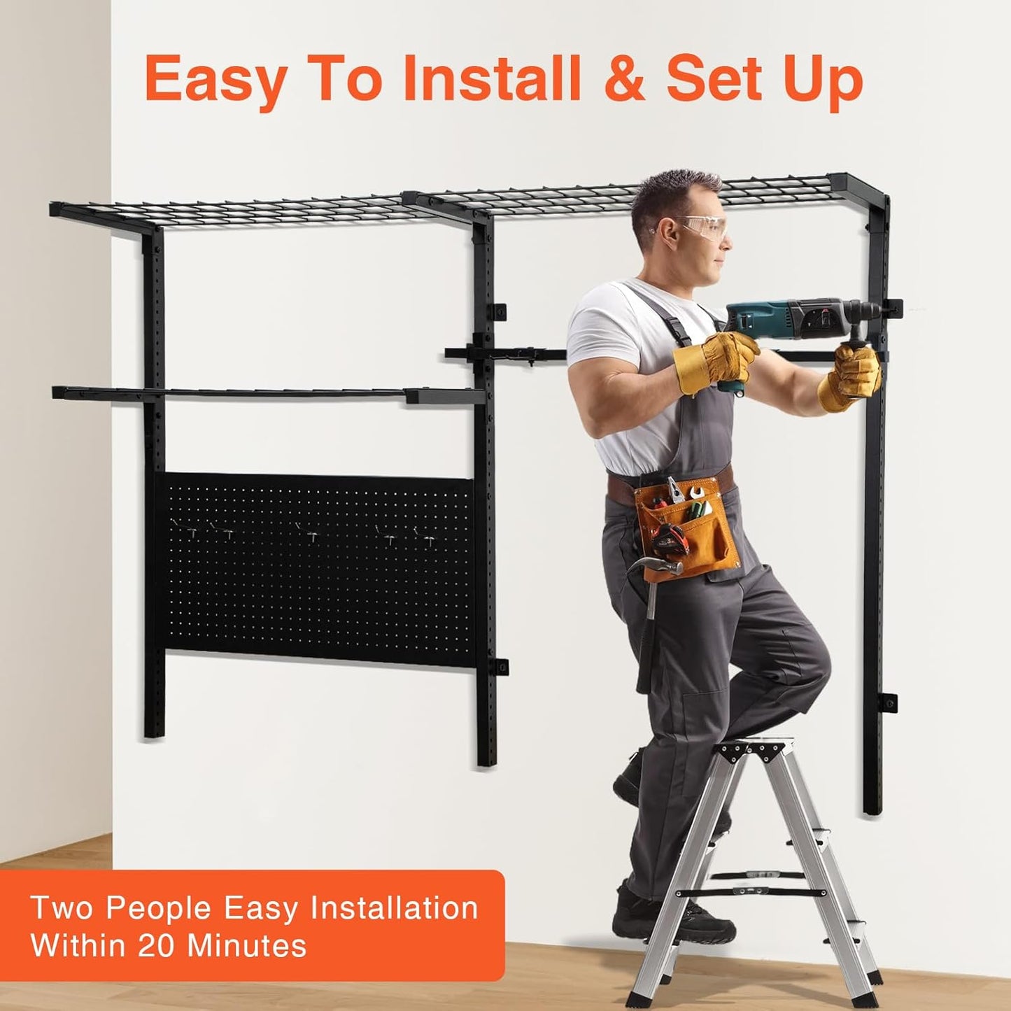 Garage Shelf Wall Mounted with Pegboard Heavy Duty Garage Wall Shelving with Garden Tool Rack and Hooks Garage Tool Organizer for Home Garden Yard Organization and Storage Holds 500lbs