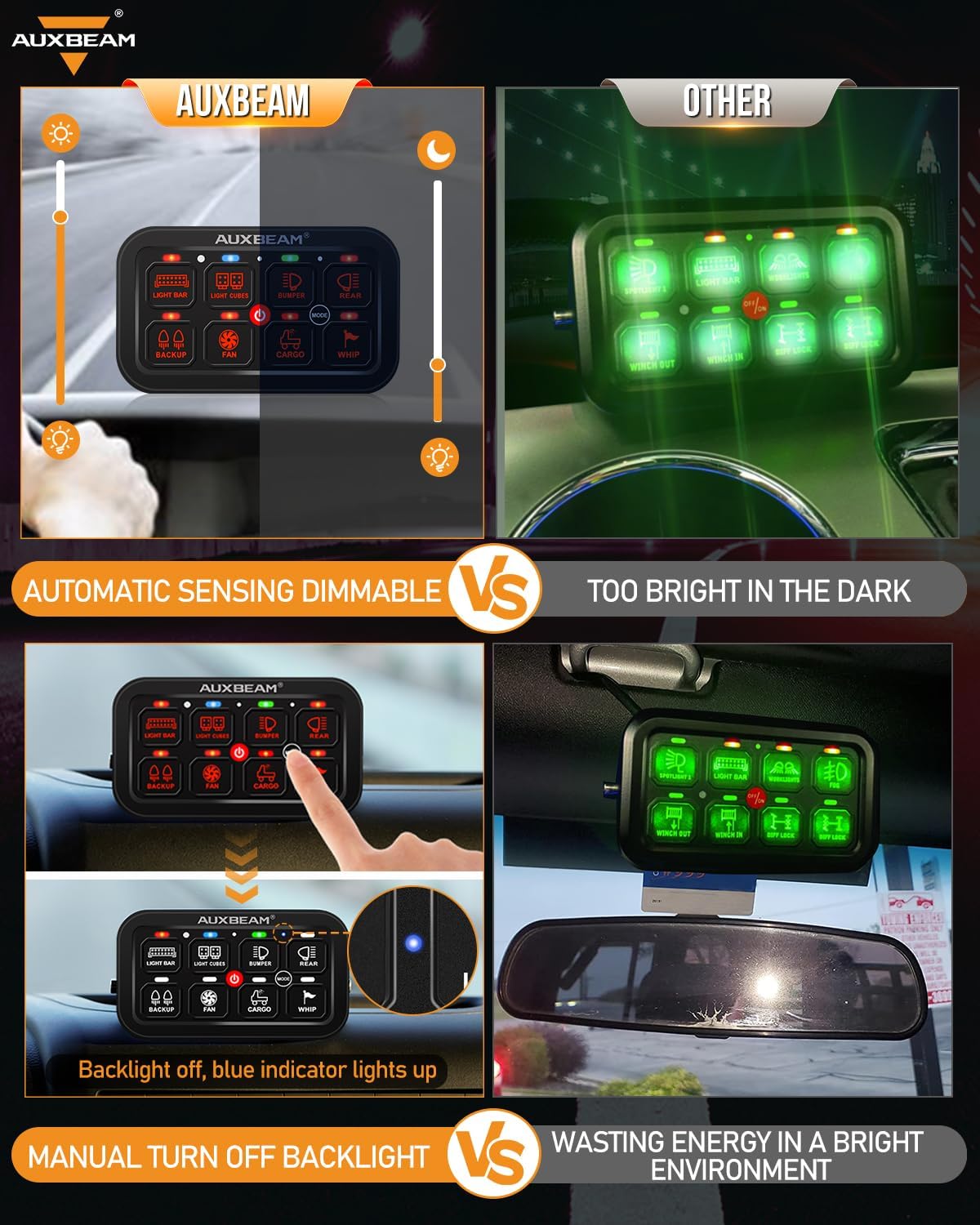 Auxbeam 8 Gang Switch Panel RA80 Toggle Momentary Pulsed RGB Dimmable Multifunction Switch Panel Easy Installation Marine Switch Pod IP65 Waterproof for Car Boat RV, 2 Years Warranty