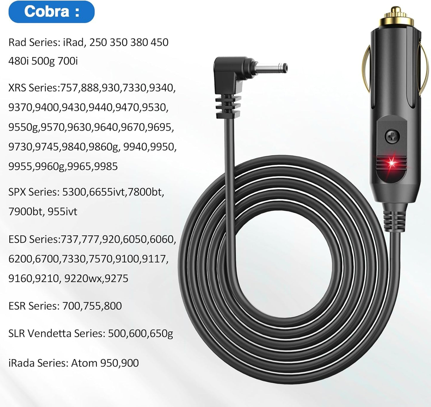 Radar Detector Power Cord Compatible with Cobr RAD 350 380 450 480i 700i XRS9370 XRS955 XRS5300 XRS7700 Radar Laser Detector, Radar Detector Power Cable with DC3.5 Interface 6.5ft