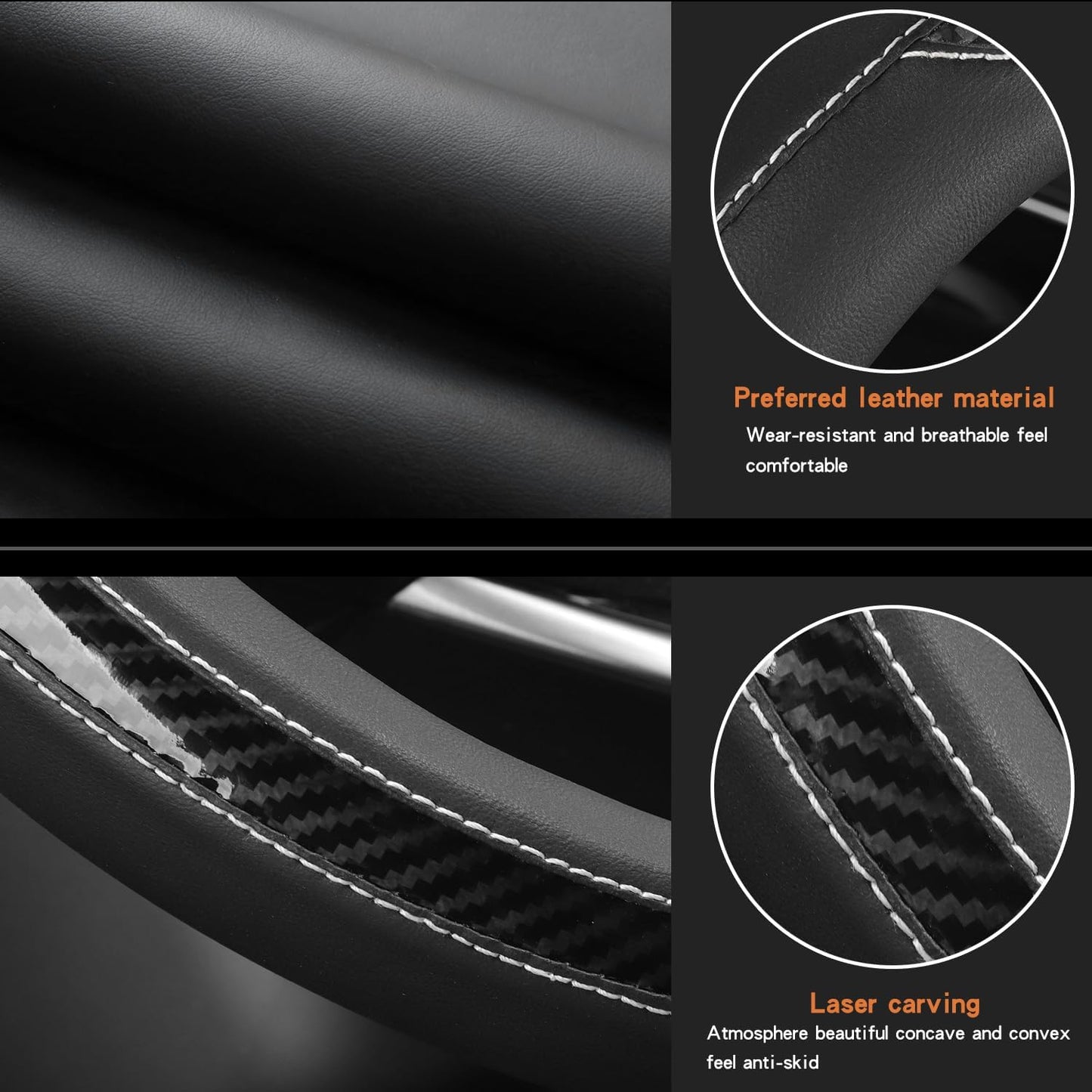 New Leather Car Steering Wheel Cover, Non-Slip Car Wheel Cover Protector Breathable Microfiber Leather Universal Fit for Most Cars(Black)