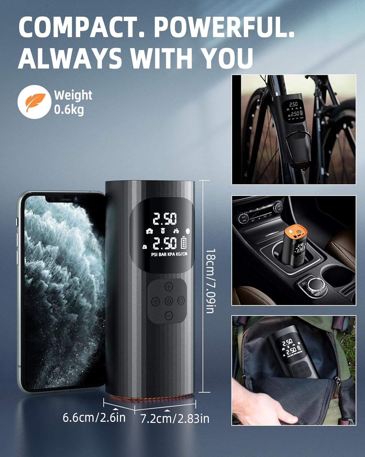 Tire Inflator Portable Air Compressor, 150PSI Cordless Air Pump for Car Tires with Auto Shut-Off Function and Real-Time Accurate Pressure Measurement, Bike Pump for Car, Motorcycle, Bike, Ball