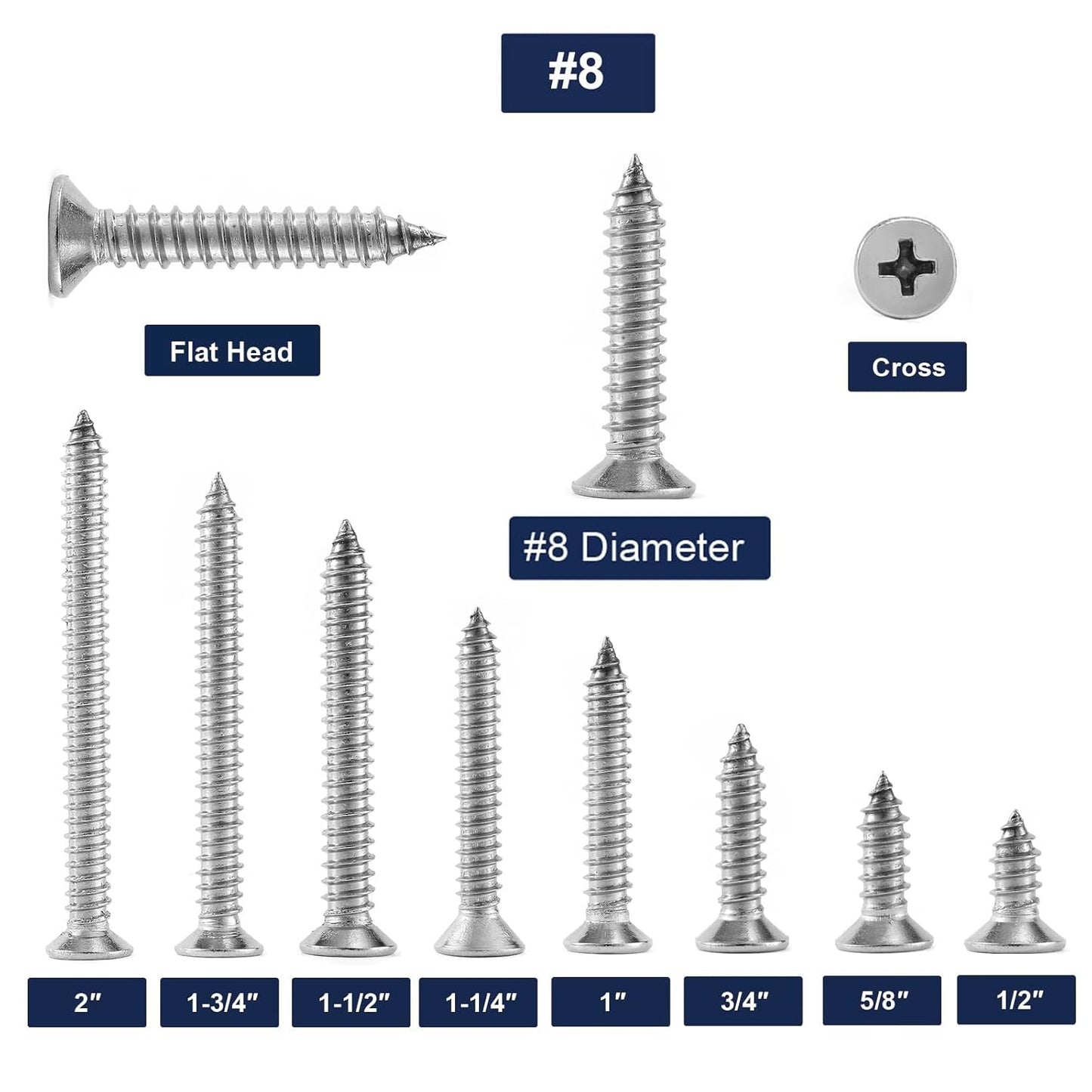 #8 x 2" Wood Screw 100Pcs 18-8 (304) Stainless Steel Screws Flat Head Phillips Fast Self Tapping Drywall Screws by SG TZH