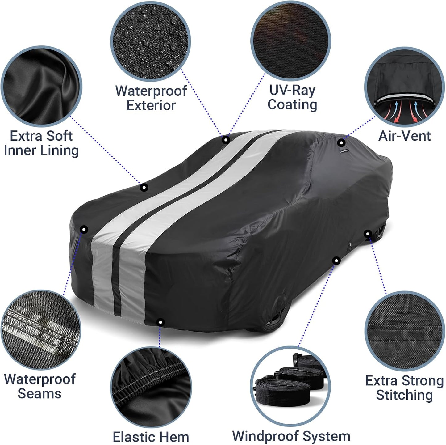 iCarCover Custom Car Cover for Pontiac Tempest 2-Door, 4-Door (1961-1963) Waterproof All-Weather Rain Snow UV Sun Protector Full Exterior Indoor Outdoor Car Cover (Stripe - Black/Gray)