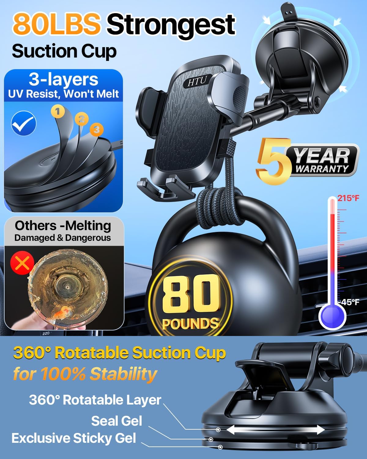 [2025 True Military-Grade] Car Phone Holder [Upgraded Strongest Suction & Clip] Cell Phone Mount for Dashboard Windshield Vent,Truck Cradle Stand for iPhone 16 Pro Max Samsung Android (Black)