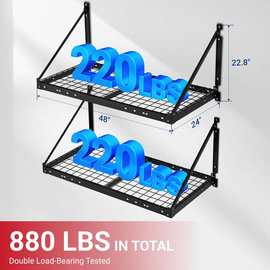 FLEXIMOUNTS 2-Pack 2x4ft Garage Wall Shelving with 4 Hooks - Heavy Duty Garage Storage System, 440 lbs Load Capacity with Brace Guardrail, Wall Mounted Organization for Bikes, Tools, Bins