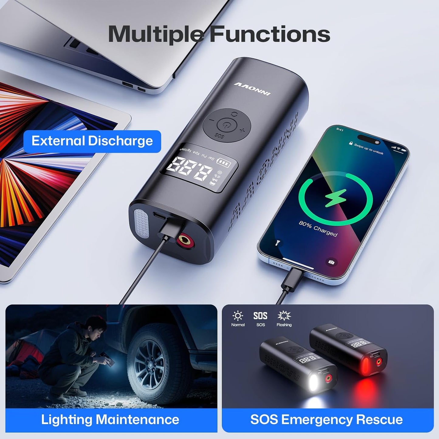 P1 Aluminum Tire Inflator Portable Air Compressor, 3X Faster 150PSI Cordless Car Air Pump with Auto-Shutoff, Motorcycle Pumps with Tire Pressure Gauge, Electirc Tire Pump for Car, Bike, Ball