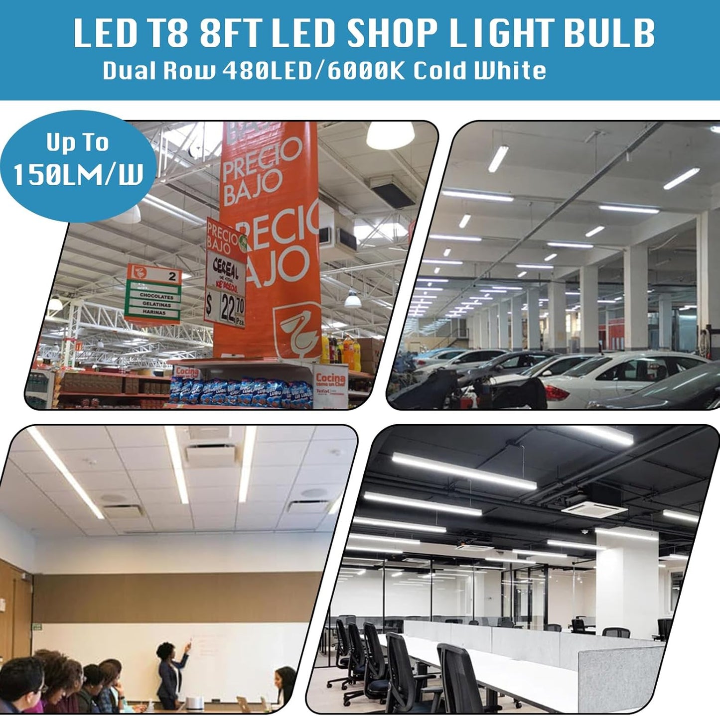 4 Pack, T8/T10/T12 8FT LED Tube Light, Single Pin FA8 Base, 100W 6000LM 6000K Cold White, 270 Degree V Shaped LED Fluorescent Bulb (200W Equiv.), Clear Cover, Dual-Ended Power