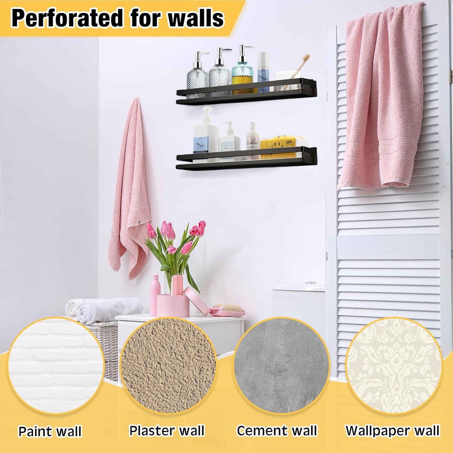 Lallisa 2 Pieces Stainless Steel Shelf Bathroom Shower Floating Shelves Wall Mounted Shower Caddy Basket Shelf Storage Organizer Shelves for Bathroom, Kitchen, Living Room(19.69 Inches/ 50 cm,Black)