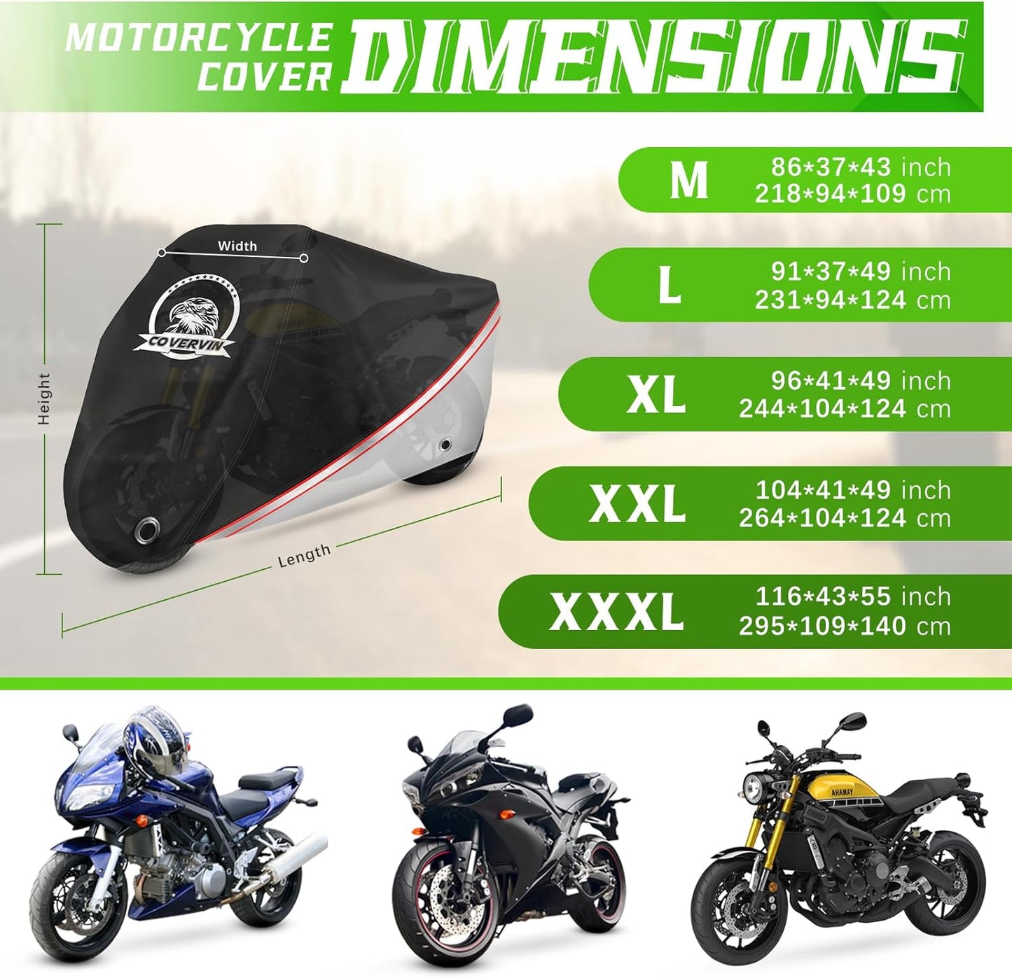 COVERVIN Motorcycle Cover, All Weather Outdoor Waterproof Night Protection with Reflective Strips, Locking Holes and Storage Bag for 116 Inch Suzuki, Kawasaki, Honda, Harley-Davidson(Silver XXXL)