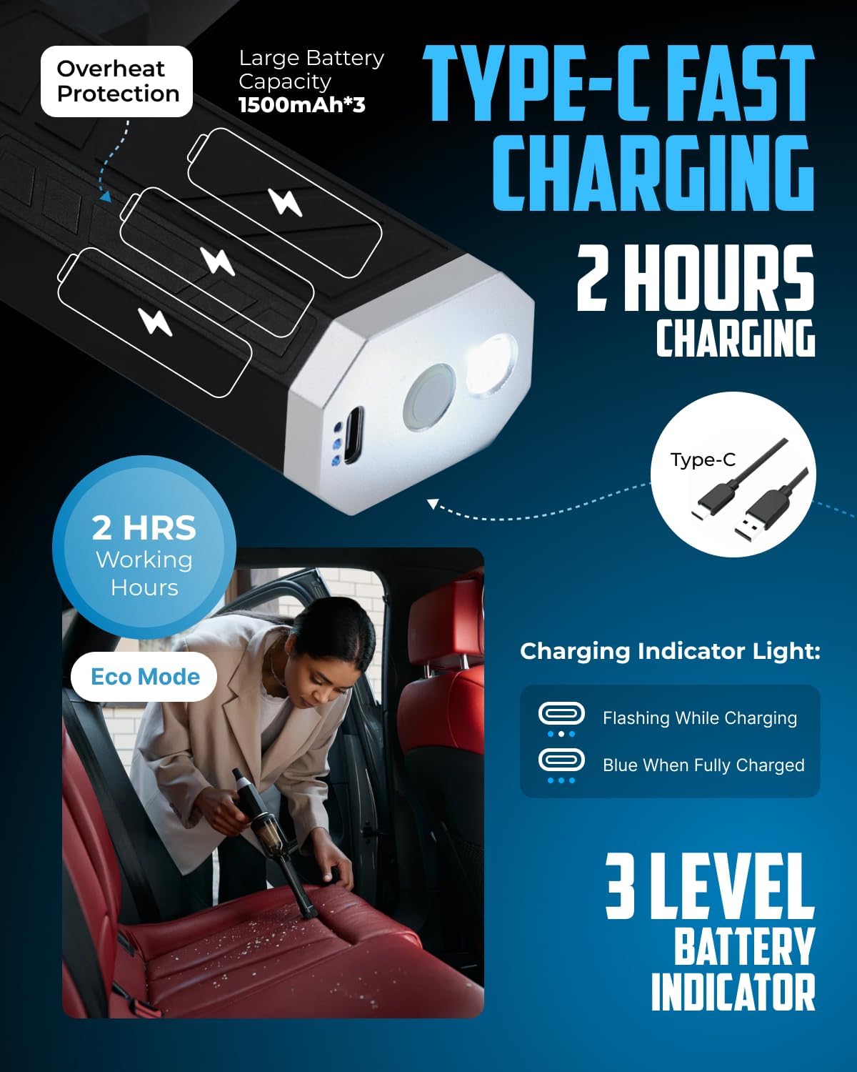 Portable Car Vacuum Cleaner “CrossClean 2-in-1 Vacuum & Air Blower | 120W High-Power | 8 Attachments | 12V Rated Voltage | Cordless, Lightweight & Rechargeable via Type-C Cable