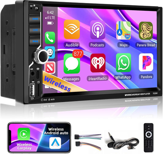 [Upgrade] Podofo Wireless Carplay Car Stereo,7 Inch Double Din Touchscreen Car Radio with Bluetooth5.1,Android Auto,Voice Control,MirrorLink,FM Radio,GPS,WiFi,USB/TF/AUX Port+MIC