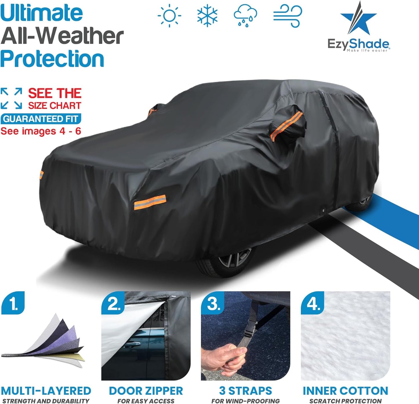 EzyShade 10-Layer SUV Car Cover Waterproof All Weather. See Vehicle Size-Chart for Accurate Fit. Outdoor Full Exterior Covers for Automobiles Heavy Duty Jeep Rav4 CRV. Black, Size S0 (See SizeChart)