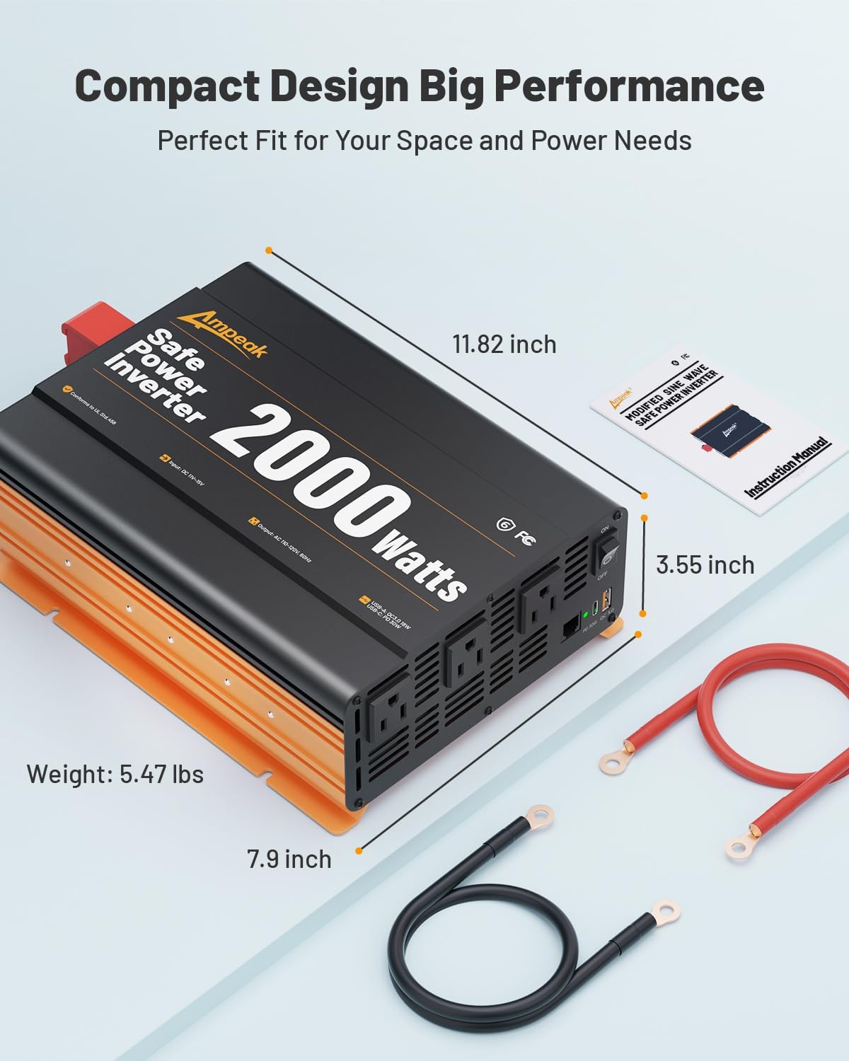 Ampeak 2000W Power Inverter, Inverter 12V to 110V Modified Sine Wave, High Conversion Efficiency 89%, 30W PD 18W USB, 3 AC Outlets for Camping