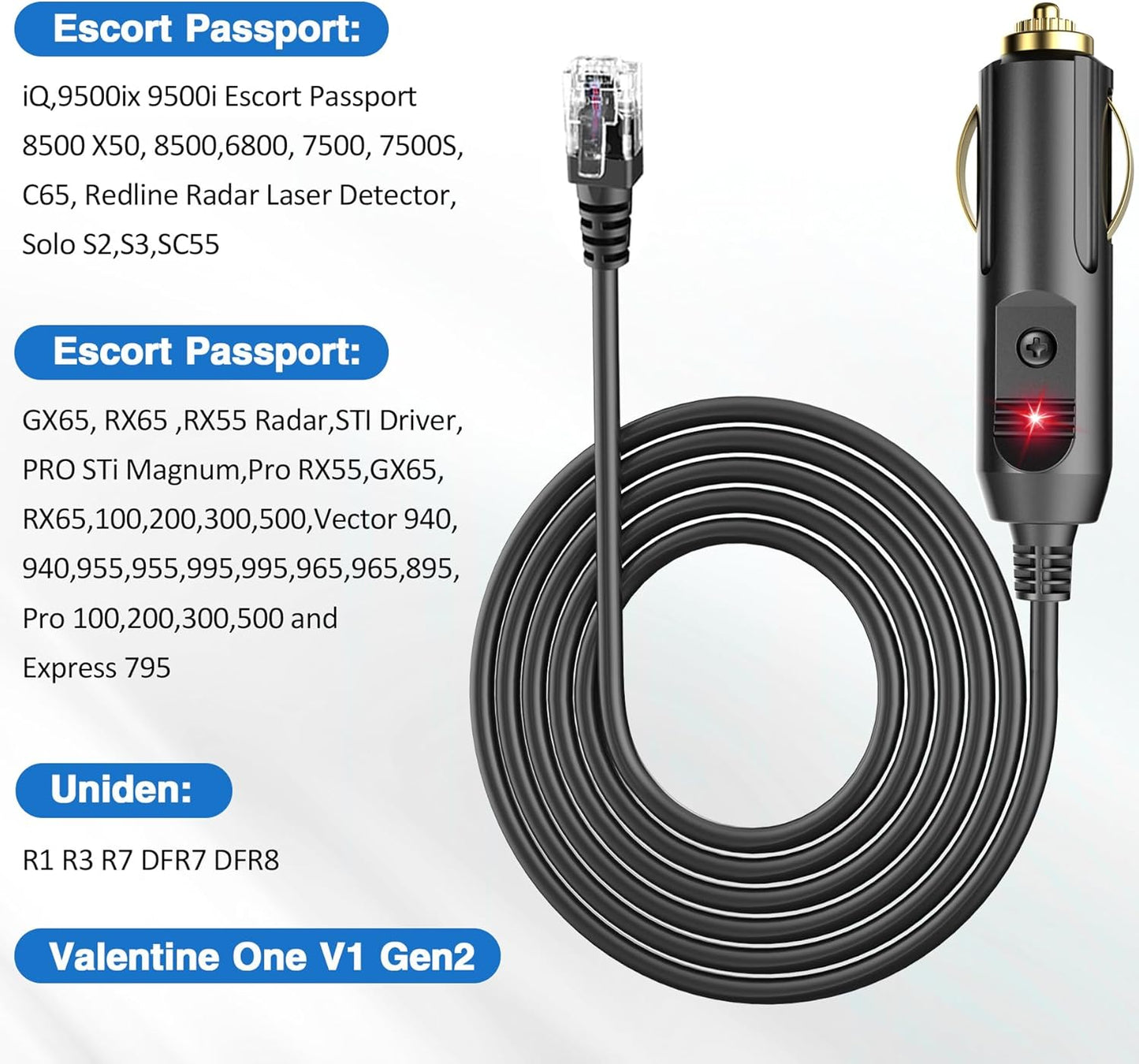 Radar Detector Power Cable Compatible with Escort Max 360 passport 9500ix Valentine One Radenso XP/SP Beltronics Pro RX65 DFR6 DFR7, Replacement Radar Detector Power Cord with RJ11 Ports 6.5ft