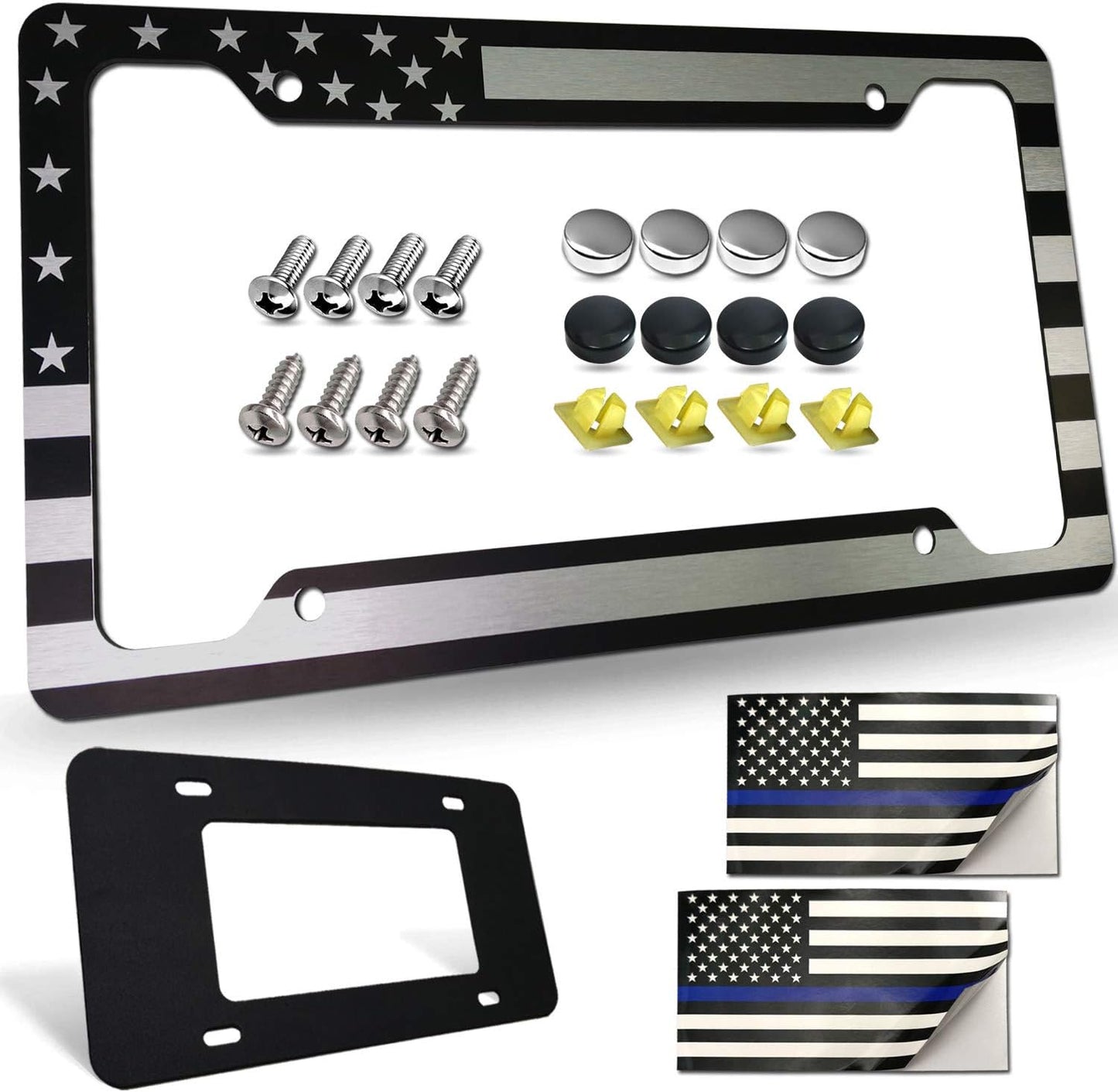 Flag License Plate Frame- USA Patriotic Personalized Car Tag Holder, 4 Hole Black Heavy-Duty Aluminum Bracket, Novelty Thin Cover for Front Bumper, Truck or SUV, Screws, Caps, Flag Decal