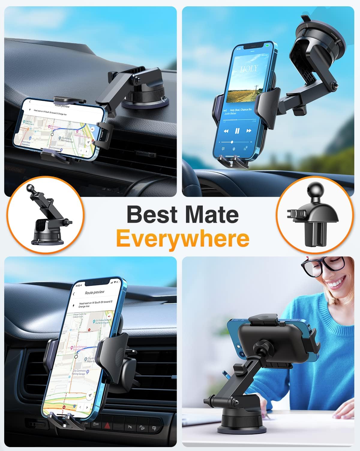 [Pro Version] VANMASS Universal Car Phone Mount [Super Suction Cup] Dashboard Phone Holder, Handsfree Windshield Dash Vent Phone Holder Car, Compatible for iPhone 16 15 14 13 Samsung LG & Truck,Silver
