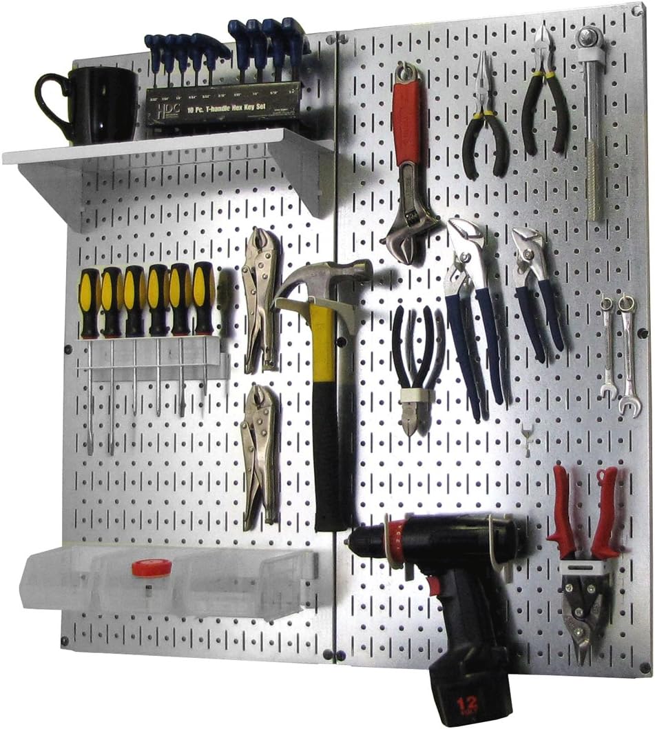 Wall Control Metal Pegboard Organizer Utility Tool Storage and Garage Pegboard Organizer Kit with Metallic Tool Board and White Accessories
