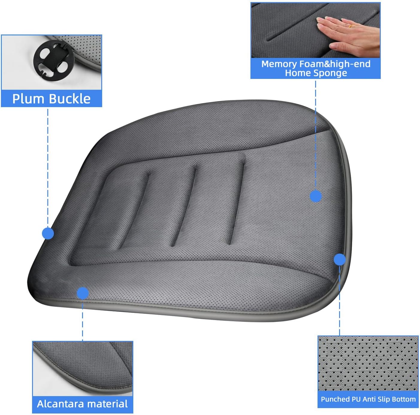 KAYI Car Seat Cushion, Memory Foam Car Seat Cushion, Anti Slip Rubber Bottom Car Seat Cushions for Driving, Suitable for Car and Office Chairs (2 Pack, Grey)