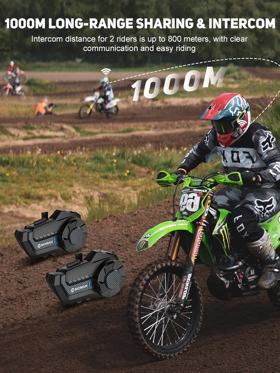 Moman Motorcycle Intercom, H2 Pro【2 Pack Carbon Fiber】 Motorbike Helmet Communication System up to 1000M with DSP&CVC Noise Cancellation FM Music Share, Motorcycle-Intercom-Headset-Helmet-Motorbike