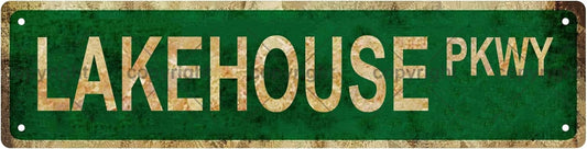 LAKEHOUSE PKWY Vintage Metal Tin Sign, Street Sign, Home Decor, Room Decor, Wall Decor, Bathroom Decor, Bar Decor, Cafe Decor, Garage Decor, 16 x 4 Inch