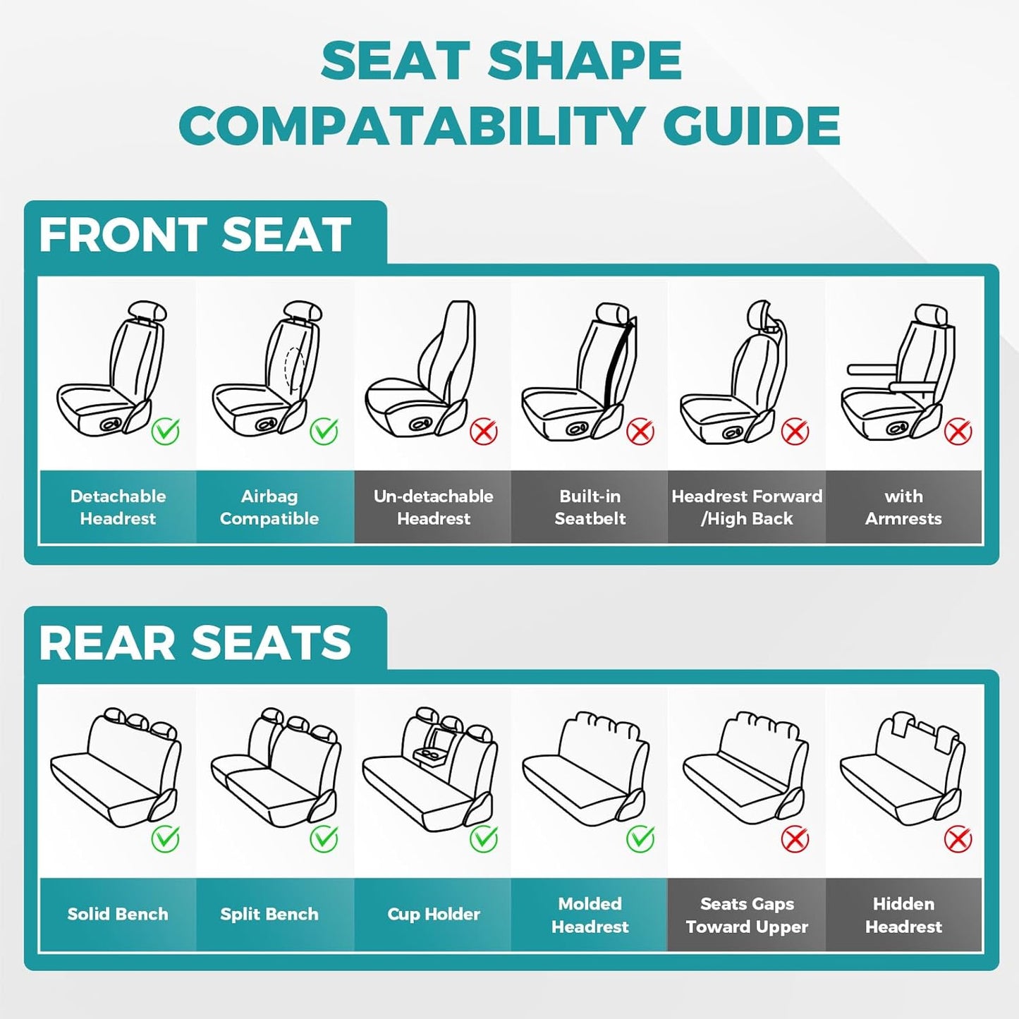 Car Seat Covers Full Set - Universal Seat Covers for Cars SUV Truck – Faux Leather Automotive Seat Covers, Breathable & Waterproof Front and Rear Seat Protectors, Fit for Most Cars-BlackGrey