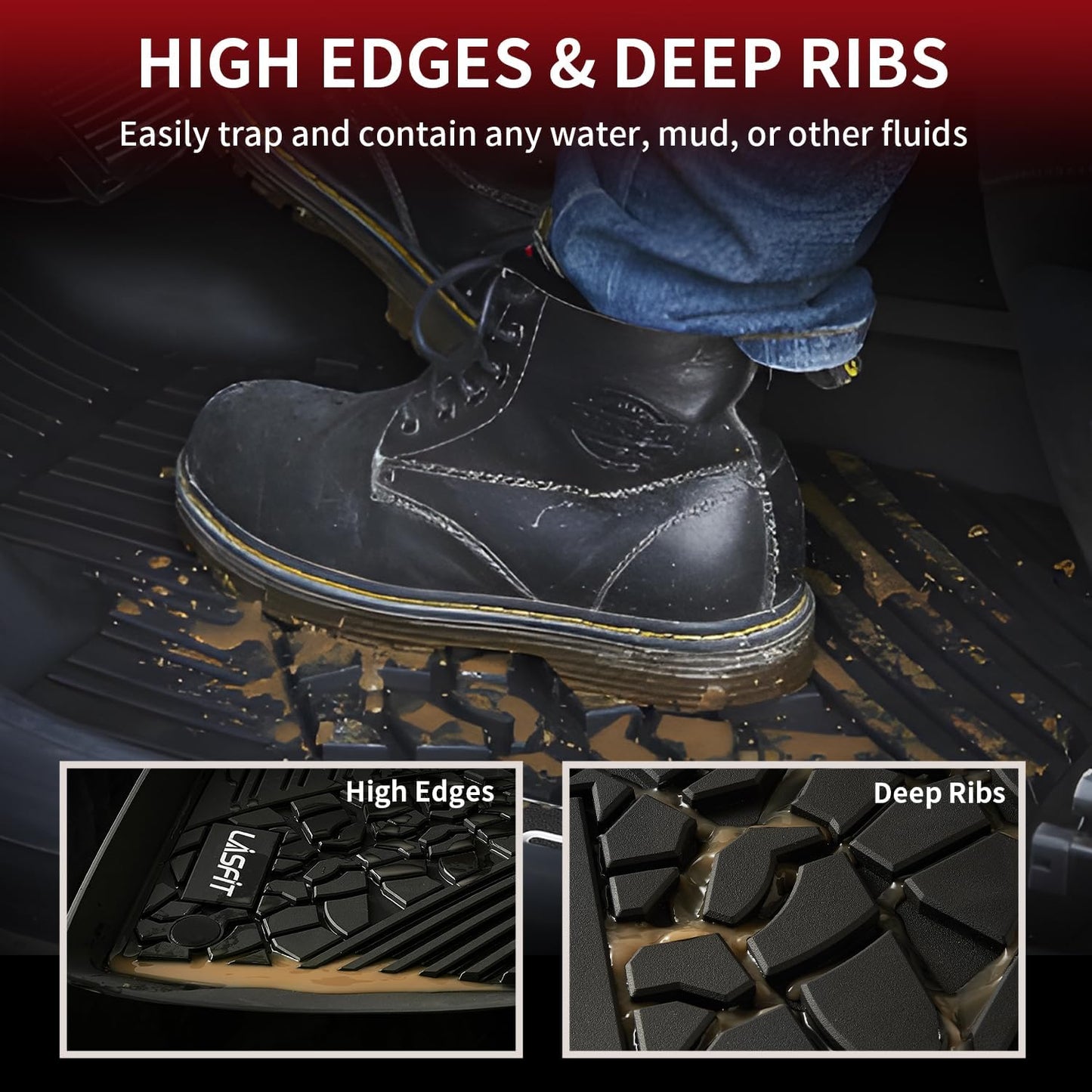 LASFIT Floor Mats for Jeep Wrangler Unlimited 4XE 2021-2024 2025 4 Door Plug-in Hybrid EV-Gas (PHEV), All Weather TPE Custom Fit Car Mats Floor Liners 1st & 2nd Row, Black