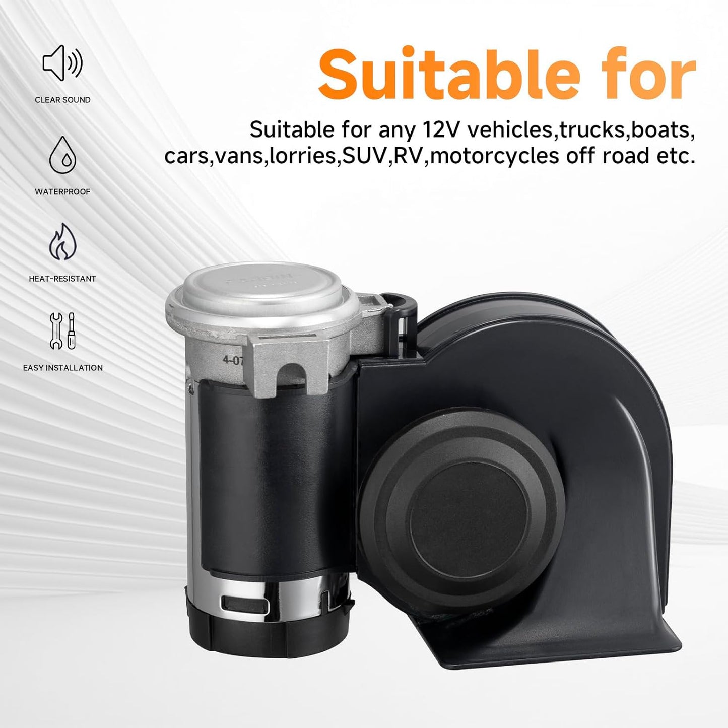 Air Horn for Truck,Super High Pitched Train Horn for Car, Waterproof Snail Horn for Motorcycles, Cars, trucks, trains and ships(black horn with wire and button, 12v)