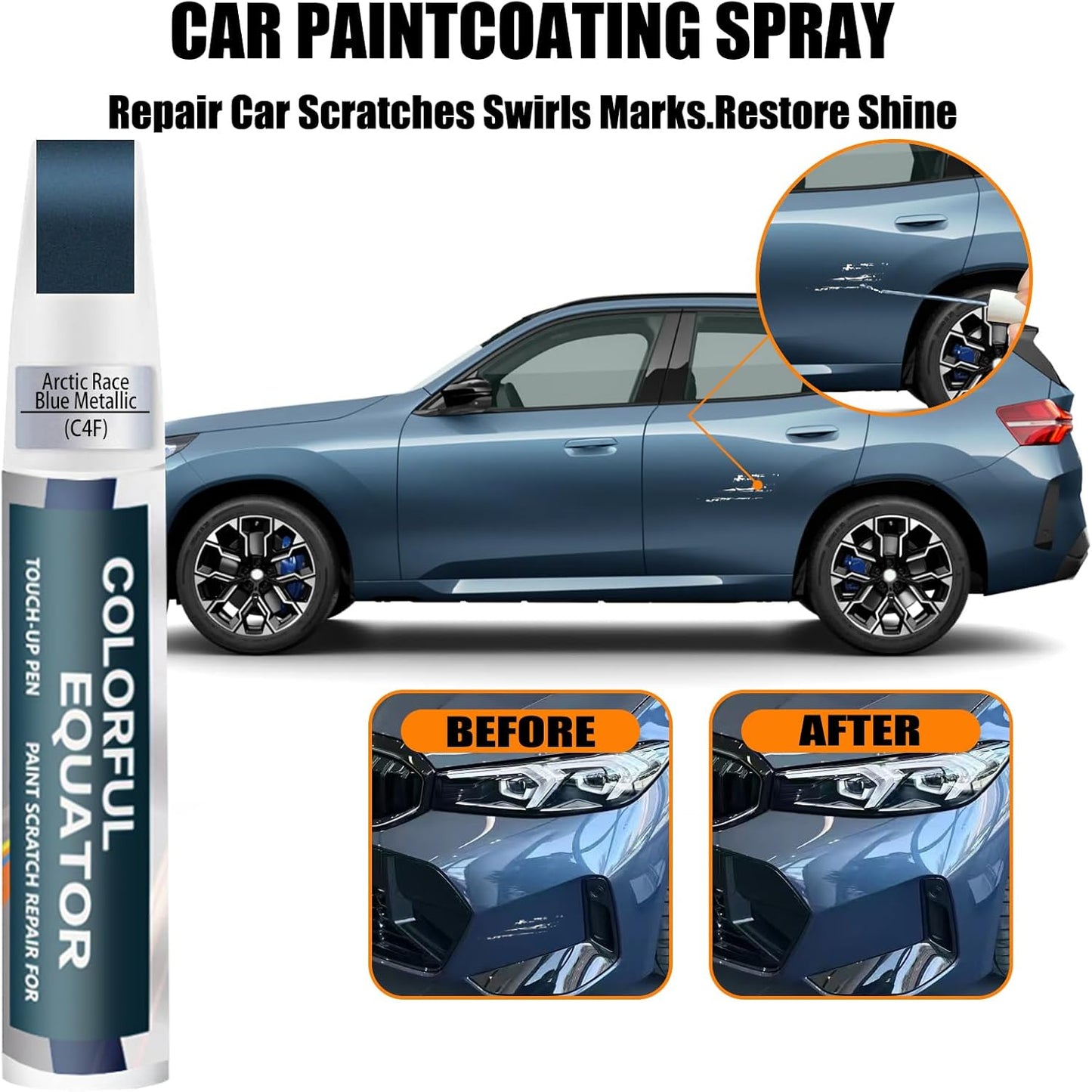 Arctic Race Blue Metallic(C4F) Touch Up Paint for BMW, Car Paint Pen Scratch Repair Two-In-One Touch Up Paint, Premium Car Scratch Remover for Deep Scratches