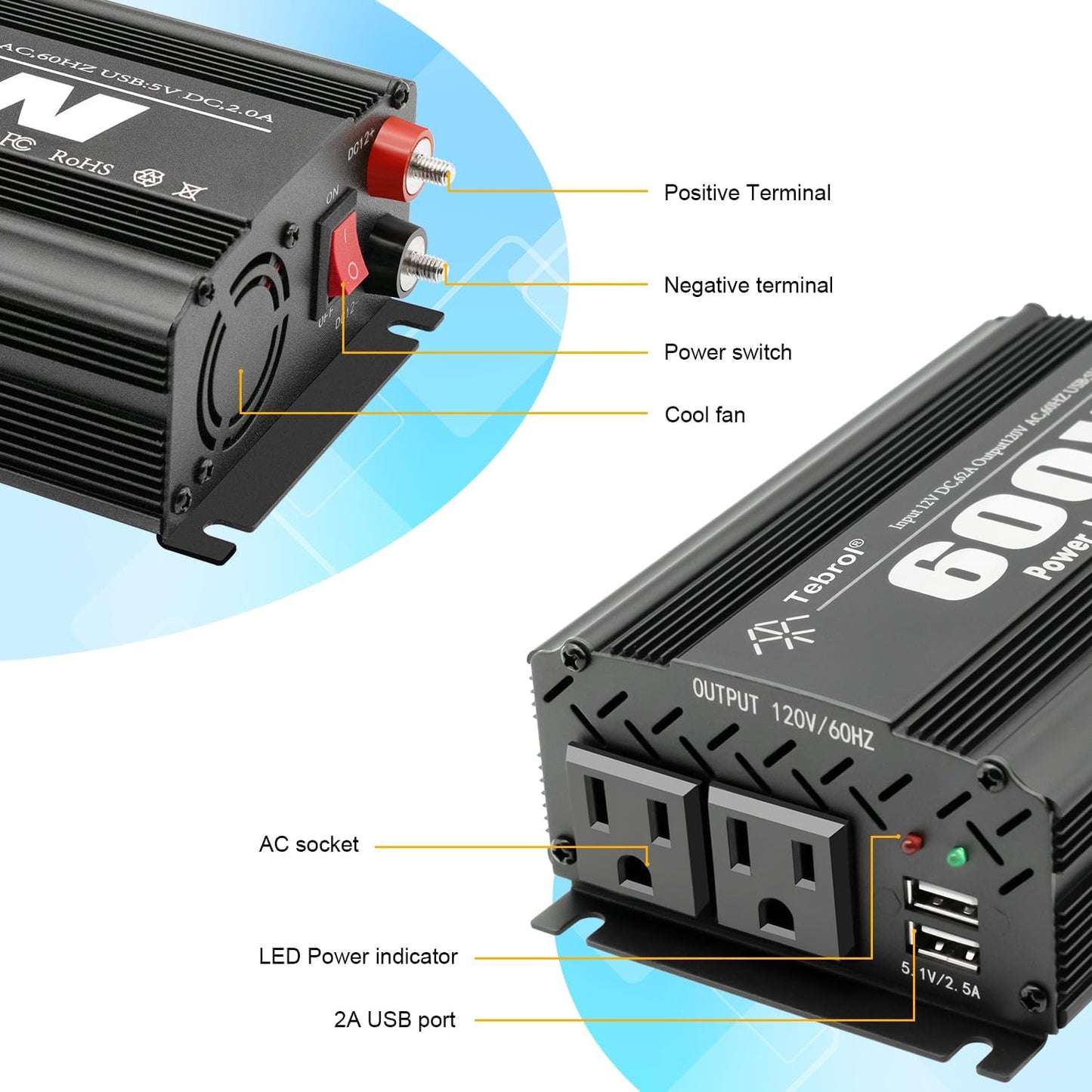 600W Power Inverter DC 12V to AC(2 Outlets) 110V Car Charger Plug Inverter Adapter Converter with 4.2A Dual USB Charging Ports for RV Camping Travel