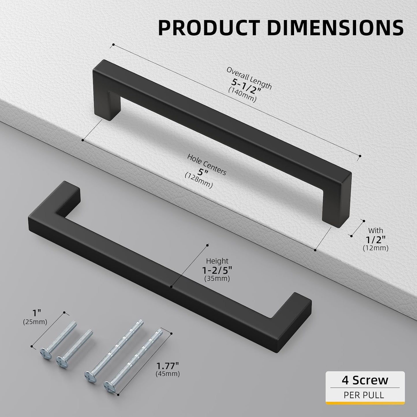 goldenwarm 100 Pack 5 Inch Black Cabinet Handles - Matte Black Drawer Pulls Stainless Steel - 128mm Cabinet Hardware Square Bar Modern Cabinet Pulls for Kitchen Bathroom Cupboard