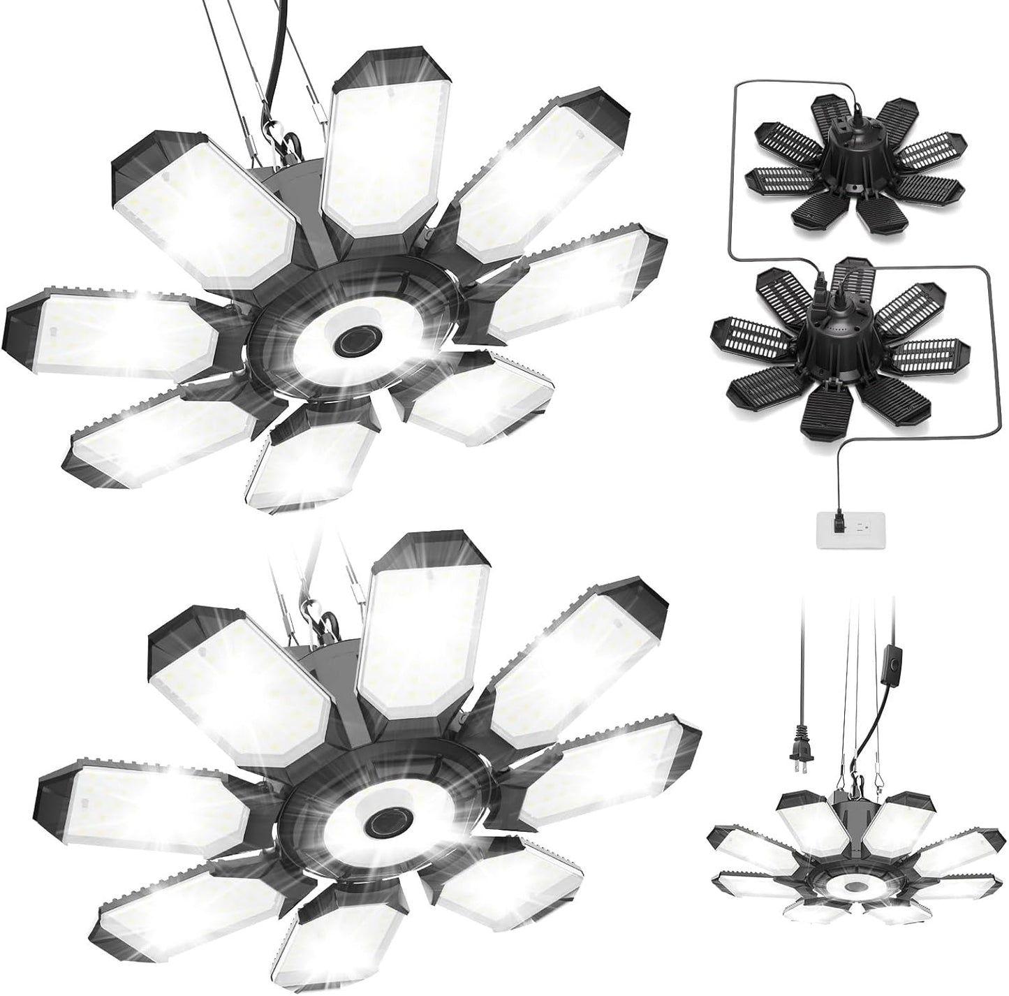 TANBABY Upgrade 250W LED Garage Lights Plug in 2 Pack, Total 50000LM Deformable Lights Ceiling LED Plug in Cord, Plug in Shop Light for Garage Lighting with 8+1 Panels Garages Bulb for Basement