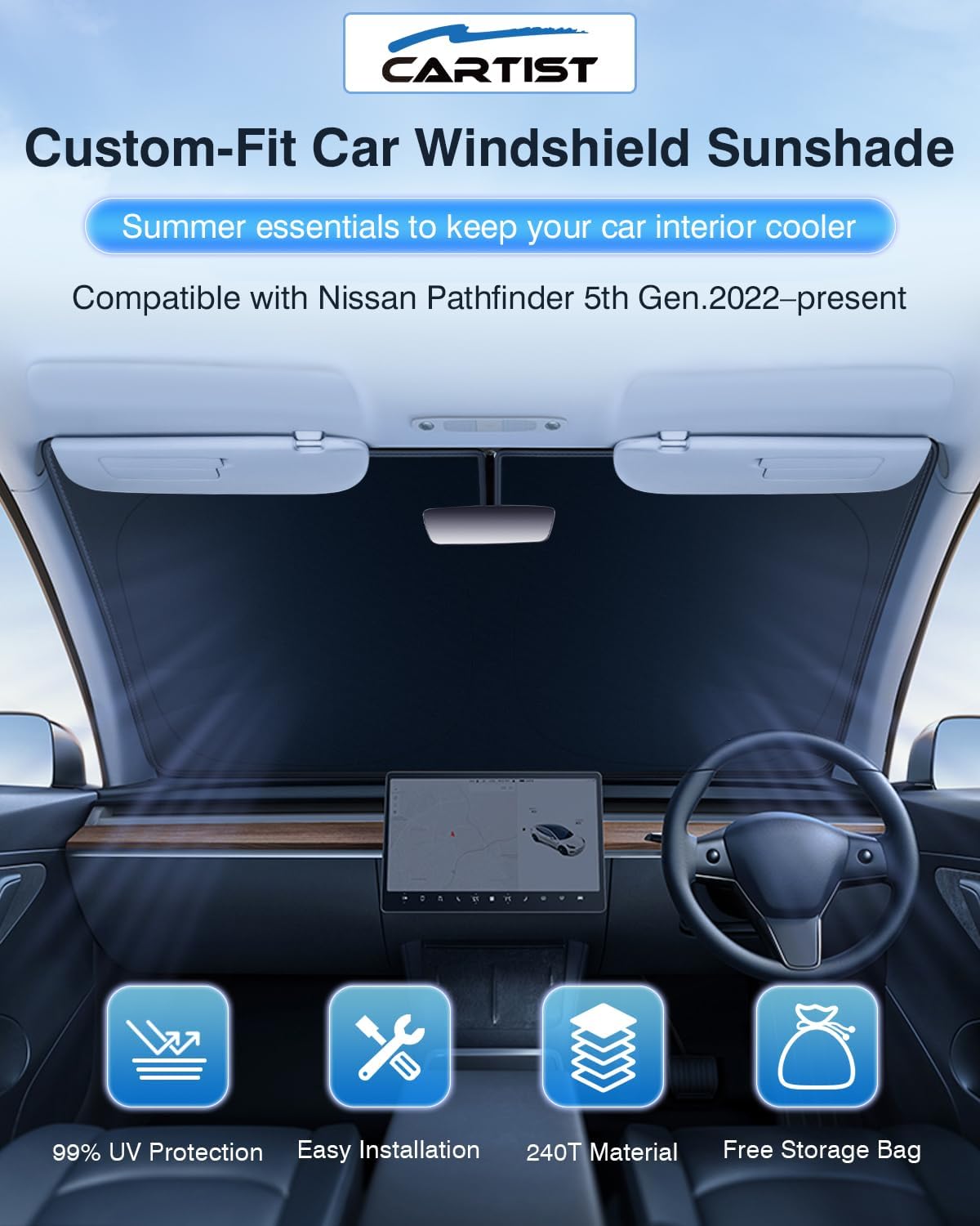 Cartist Windshield Sun Shade Custom Fit for Nissan Pathfinder 2022 2023 2024 2025 2026 Accessories Foldable Car Front Window Sunshade Sun Visor Protector